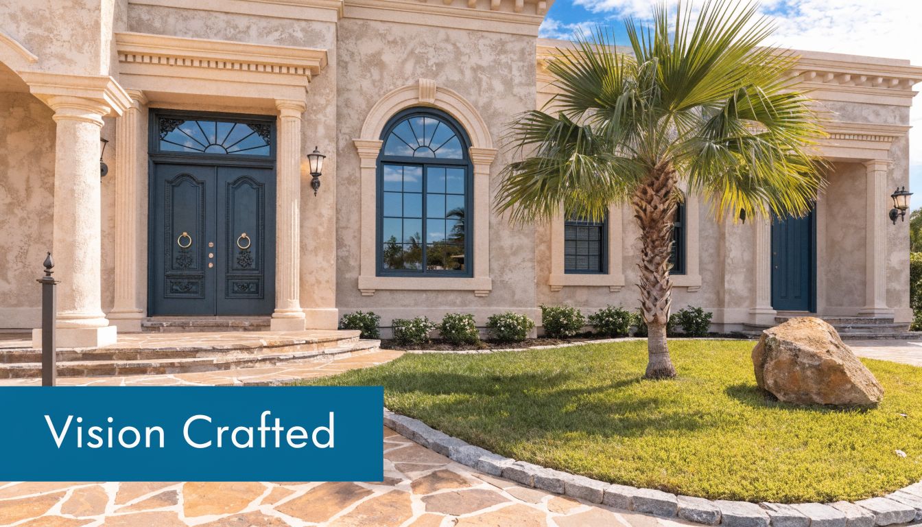 A luxurious custom home featuring dark blue arched double doors, stone exterior walls, and a manicured front lawn.