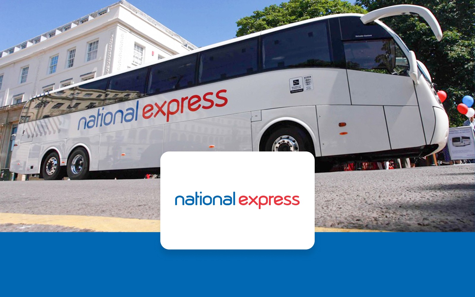 National Express coach parked near a building, offering Gatwick to London Victoria service.