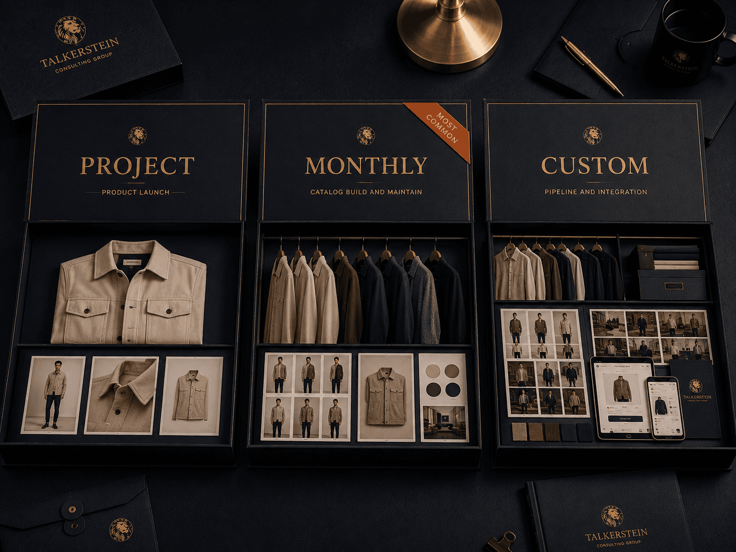 Three fashion content production packages presented in premium navy presentation cases labeled Project, Monthly, and Custom, showcasing increasing levels of apparel photography assets, product variants, campaign imagery, and catalog management resources arranged on a dark leather surface.