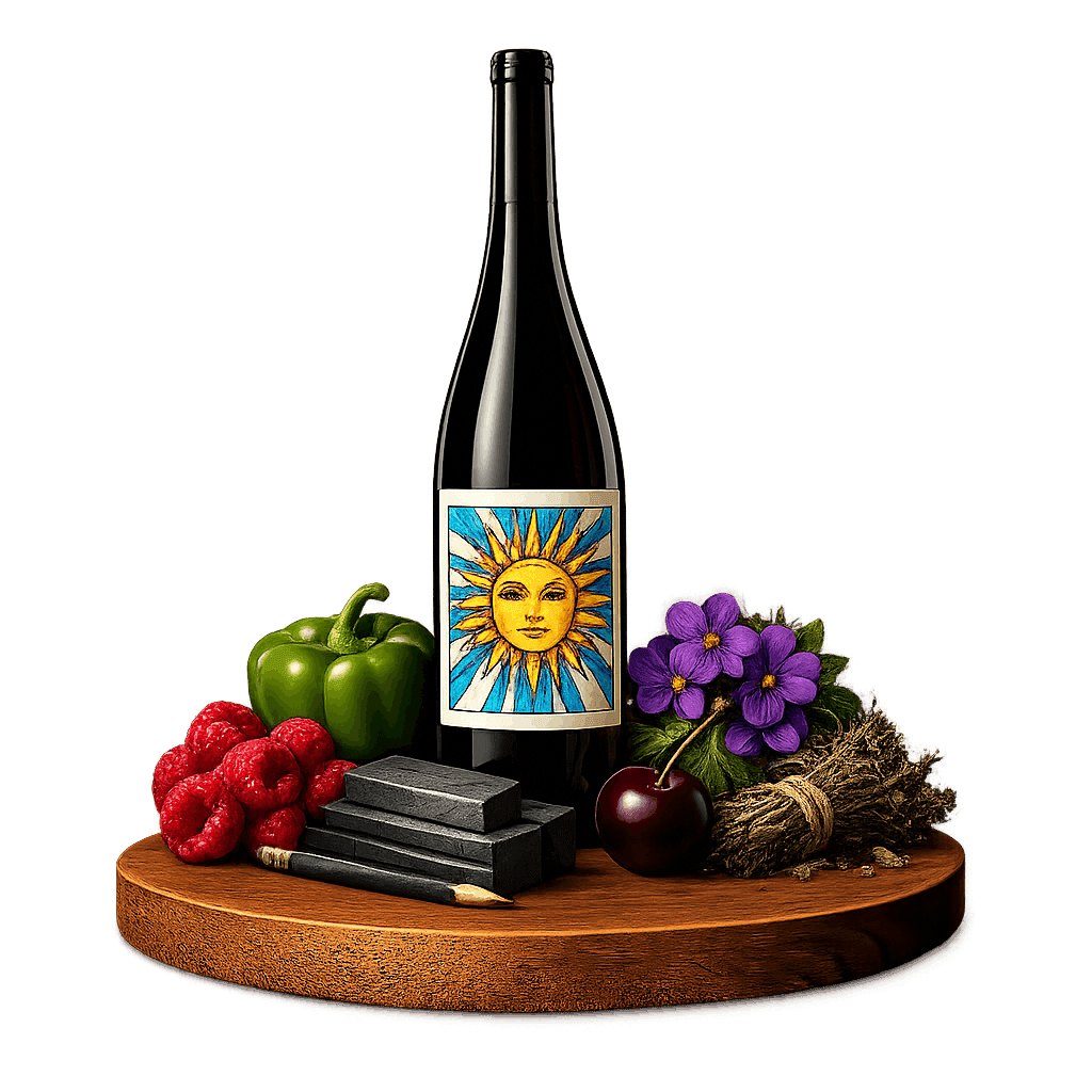 Artistic label and flavor profile for Uruguayan Cabernet Franc on a rustic wooden table.