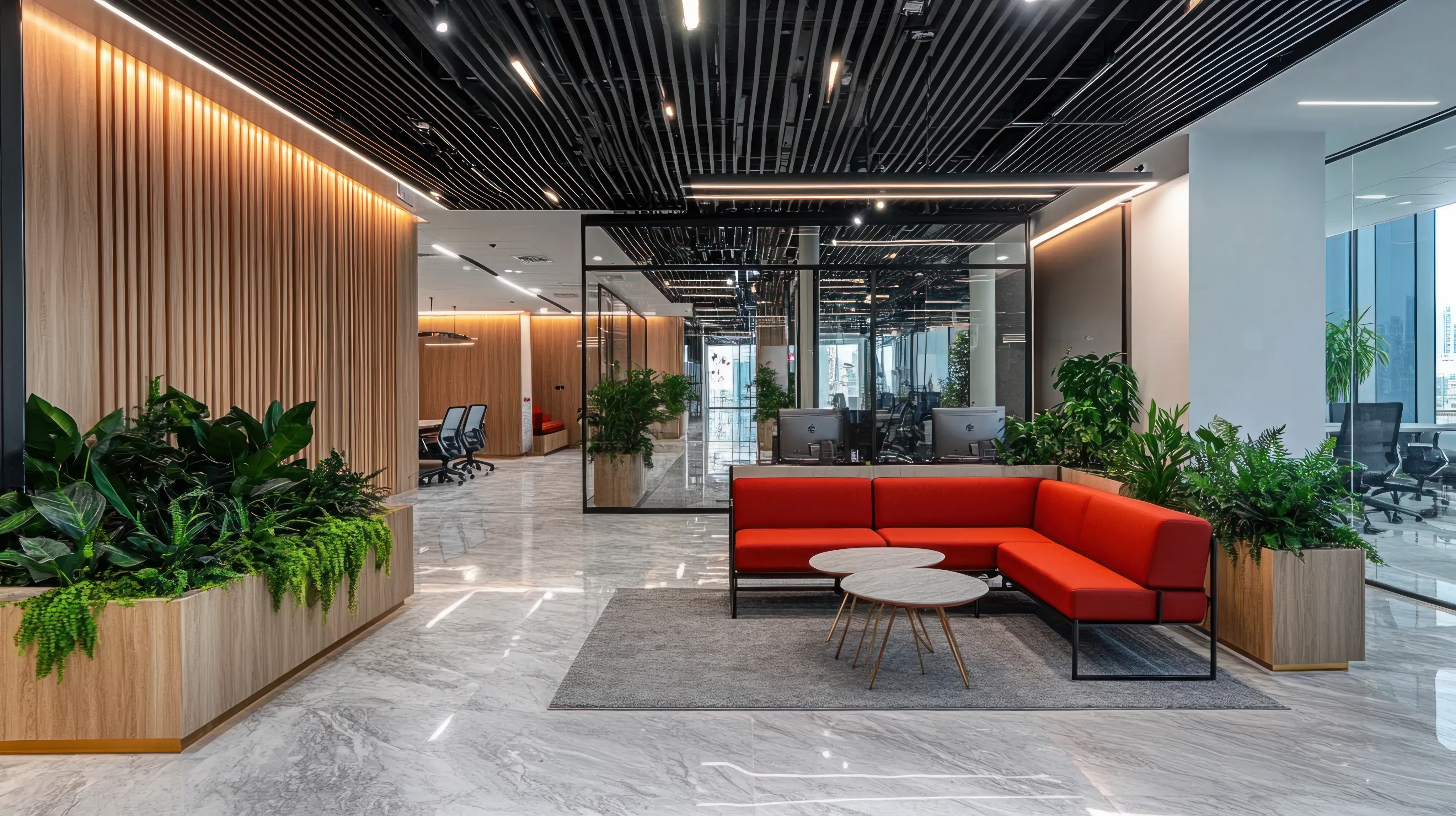 A sleek, modern office lobby featuring a curved wood-slat feature wall, elegant red velvet seating, and a view into a glass-walled conference room.