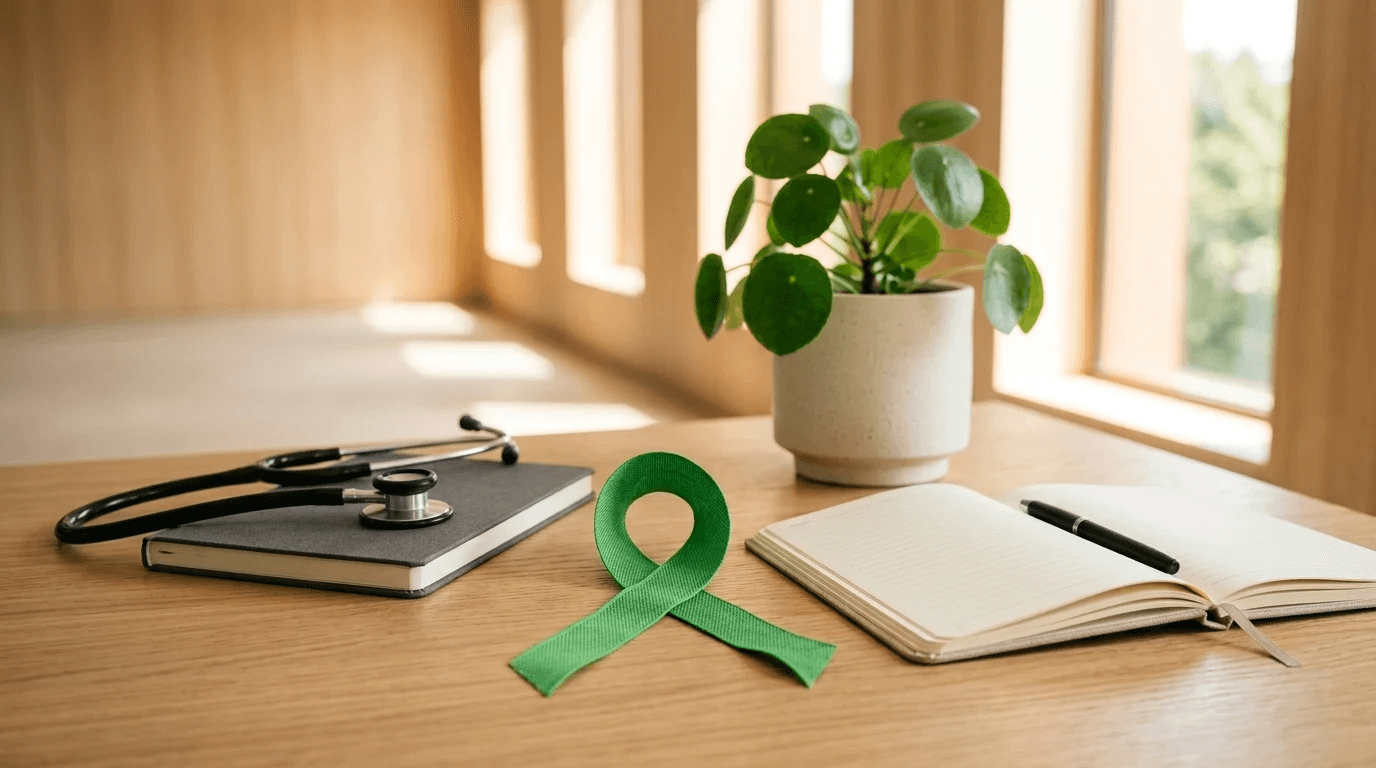 Três pessoas conversam ao ar livre, cercadas por plantas verdes e uma atmosfera relaxante.