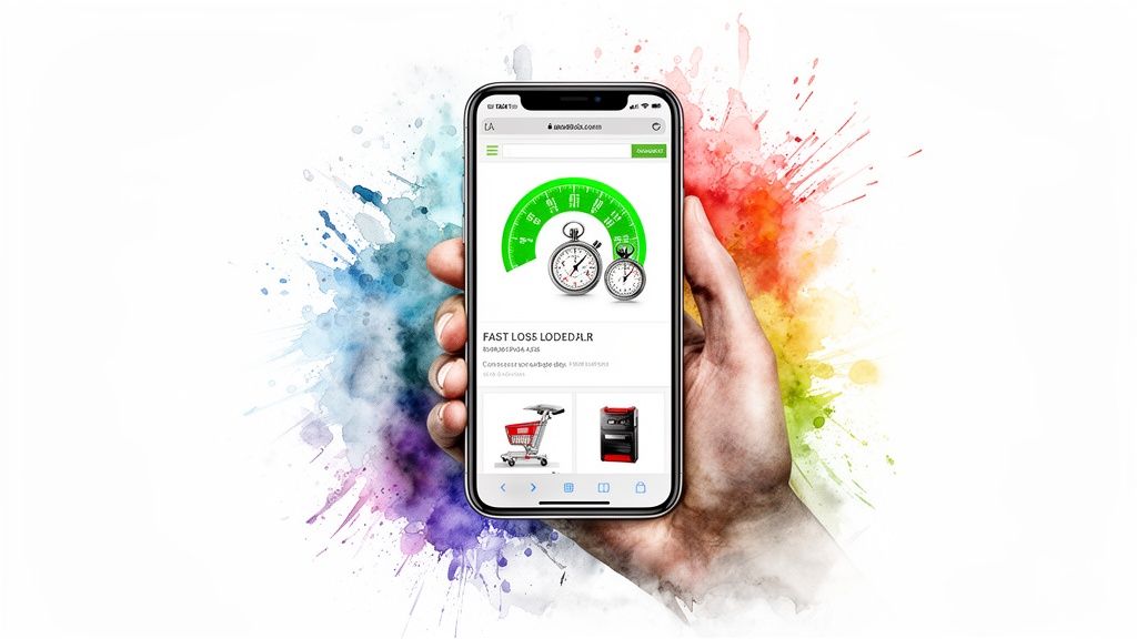 Hand holding a smartphone showing a website with a speed gauge, shopping cart, and server, on a colorful watercolor background.
