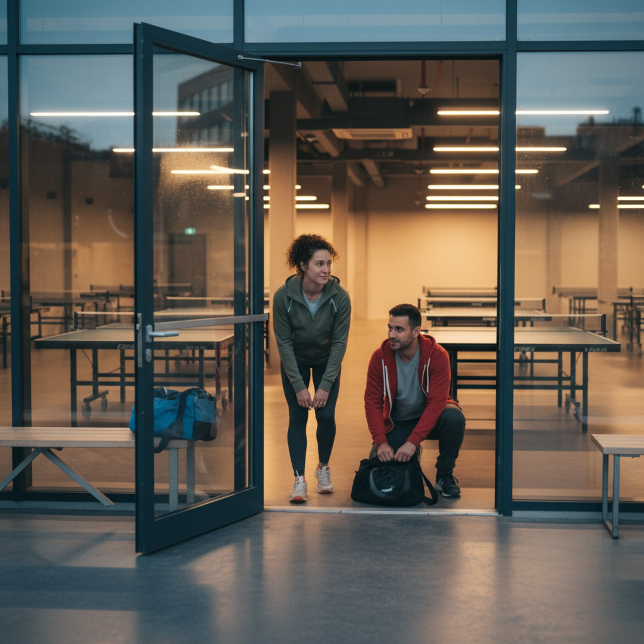 Dämmerlicht vor der Halle, eine Seitentür öffnet sich in einen hell erleuchteten Gang. Zwei Spieler mit Sporttaschen treten ein und schnüren die Schuhe. Drinnen stehen Platten sauber ausgerichtet bereit. Die Szene vermittelt unkomplizierten Zugang und einen geordneten Start.
