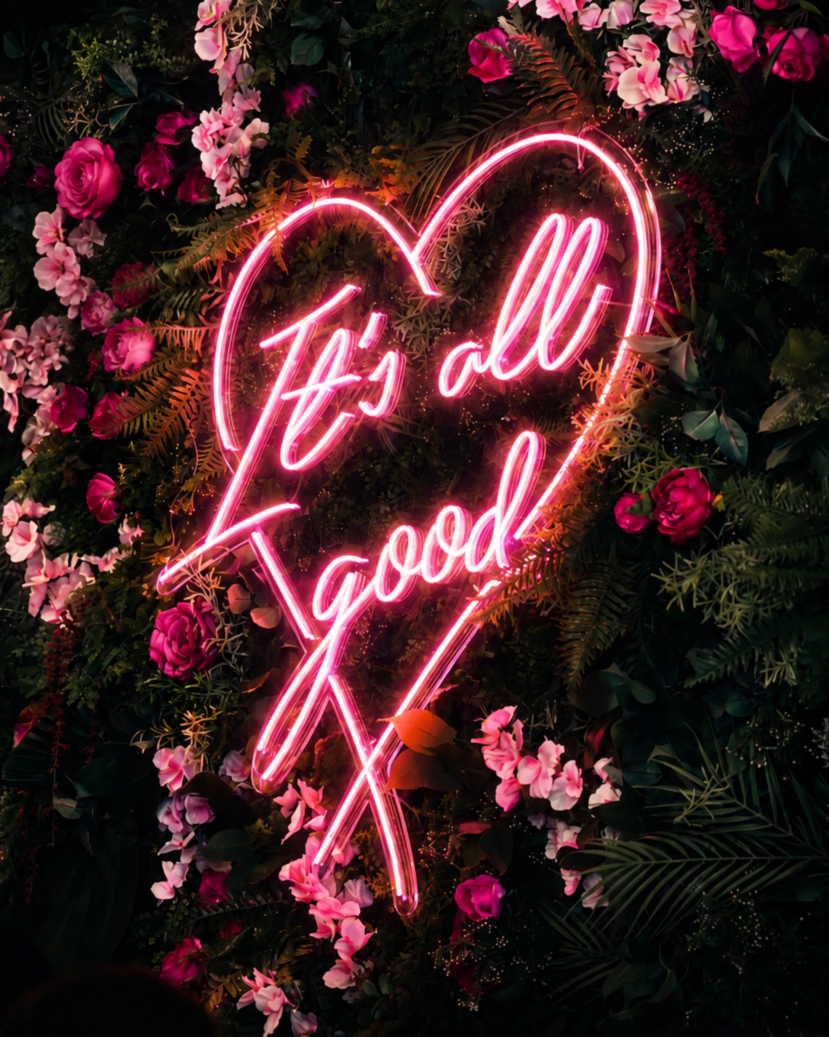 Neon heart sign with "It's all good" text.