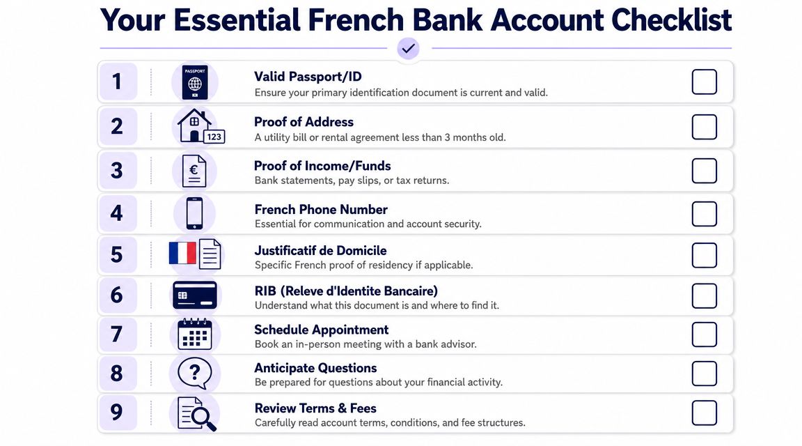 A nine-point checklist titled Your Essential French Bank Account Checklist with icons for each requirement.