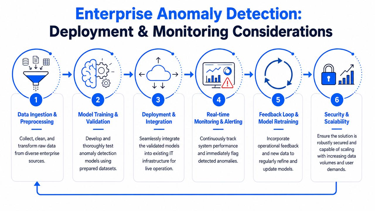 A six-step infographic illustrating the enterprise anomaly detection lifecycle from data ingestion to security and scalability.