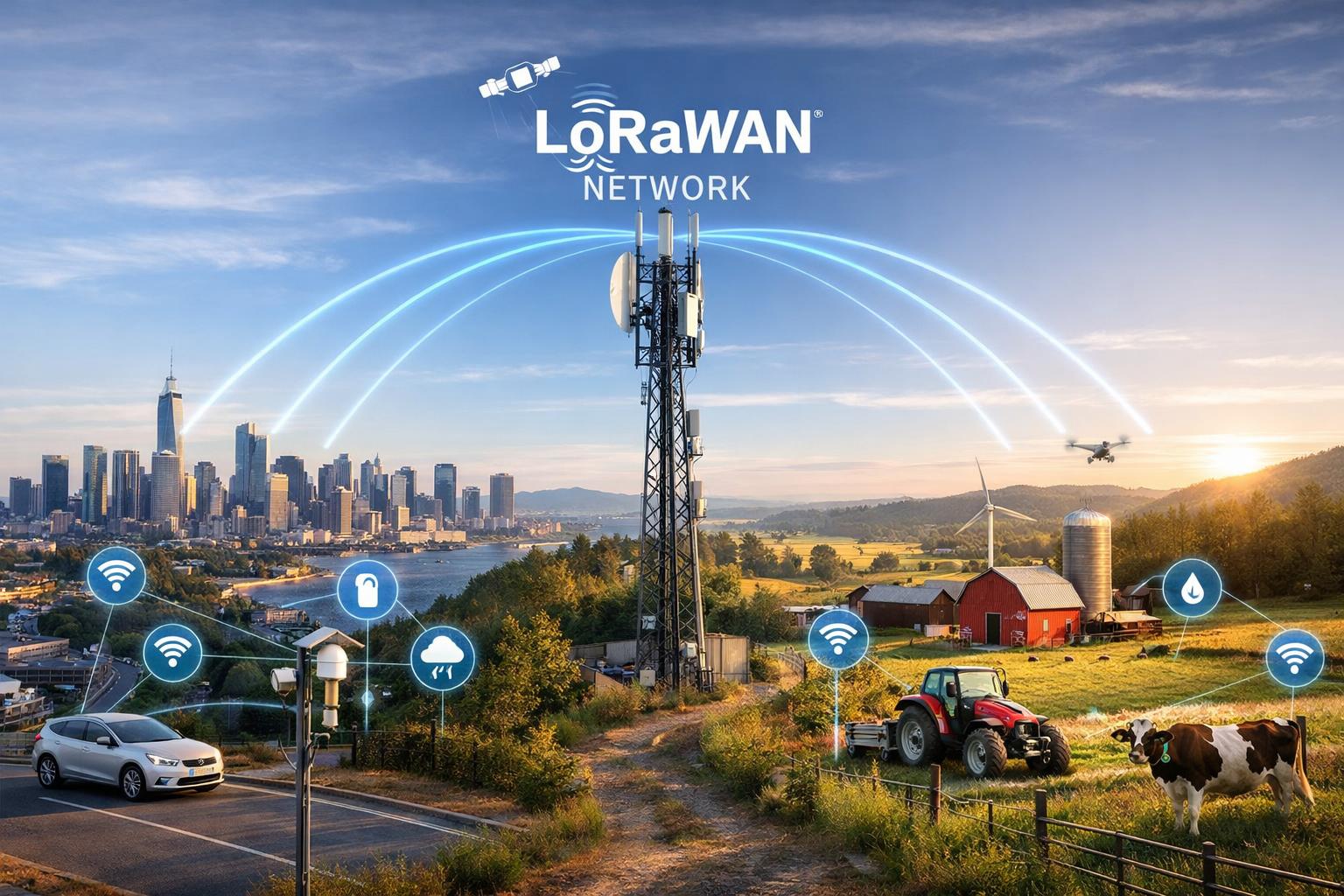 Agricultor entre suas plantações utilizando um laptop para controlar seus dispositivos IoT