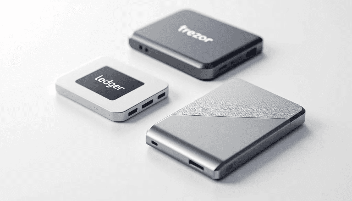 The image showcases a selection of modern hardware wallets, including Ledger and Trezor devices, arranged neatly on a clean white surface. These hardware wallets serve as secure storage solutions for cryptocurrency, allowing users to manage their digital assets while keeping their private keys offline.
