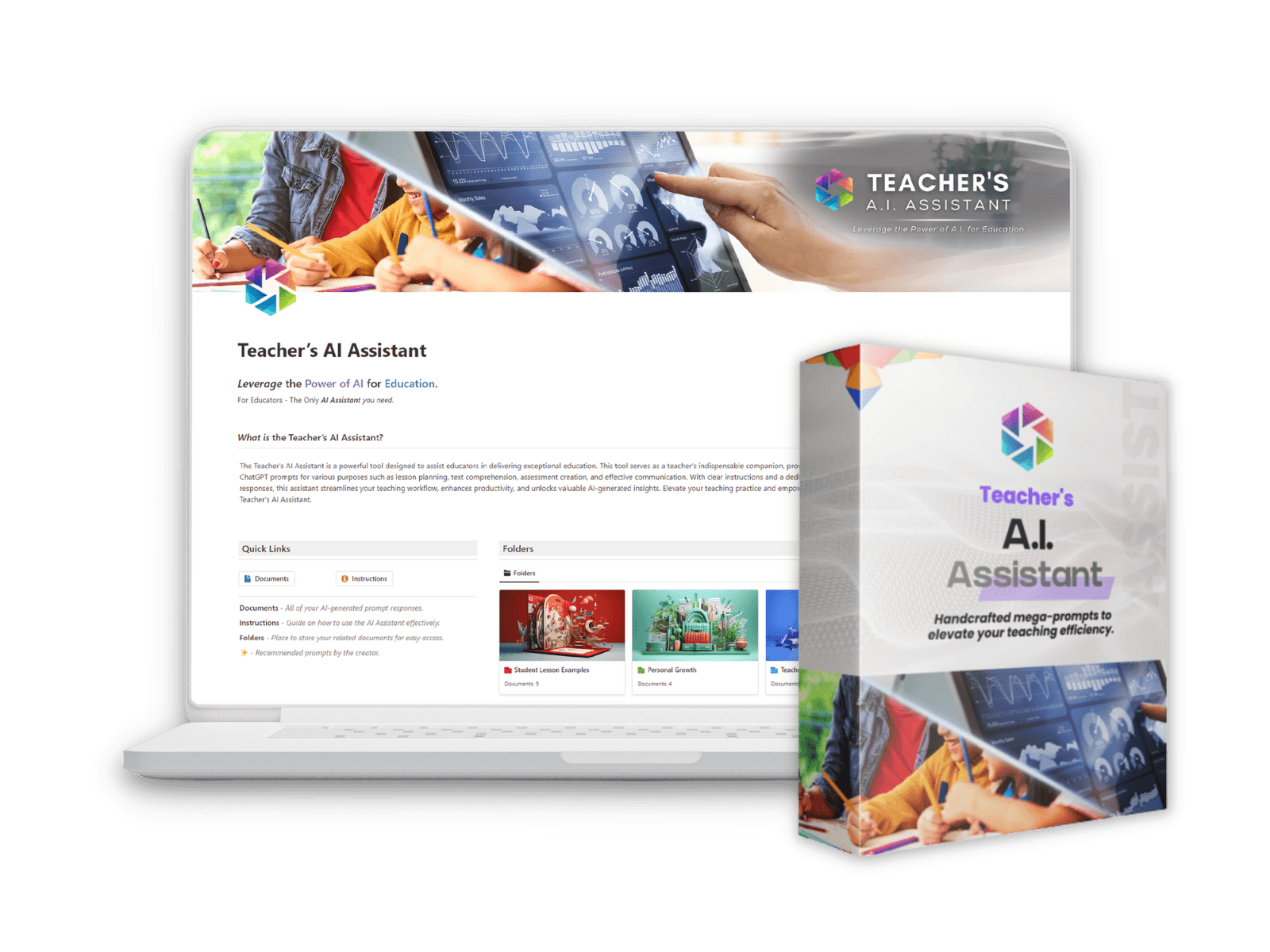 Laptop mockup featuring the Teacher’s AI Assistant with a software box mockup of the Teacher's AI Assistant, displaying the AI Assistant logo, and showcasing AI Education prompts.