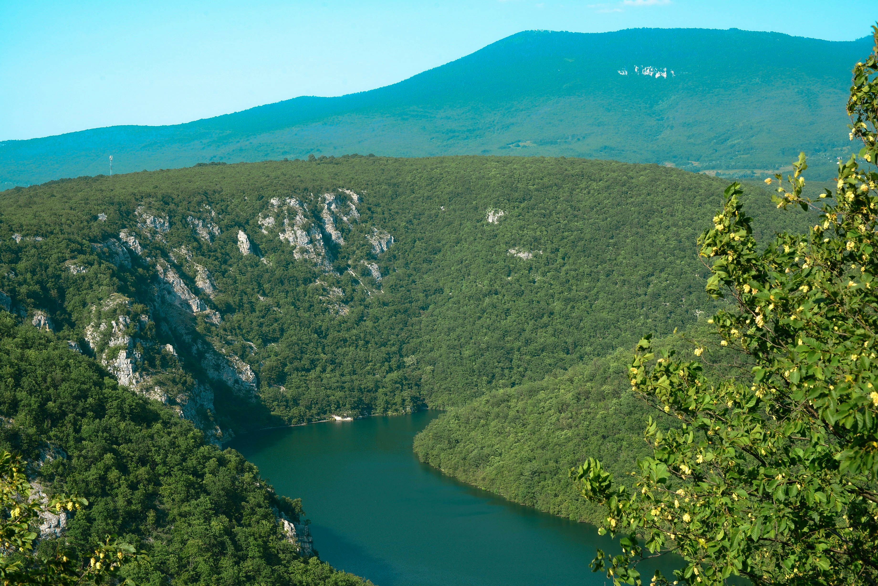 A river flows through a lush, green landscape