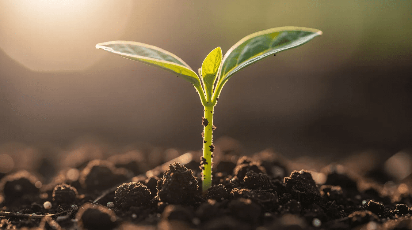 A small seedling emerges from rich soil, illuminated by gentle morning sunlight, symbolizing the potential for personal growth and the compound effect in action. This image represents how seemingly insignificant actions can lead to extraordinary results over time, emphasizing the importance of consistent habits in achieving long-term success.