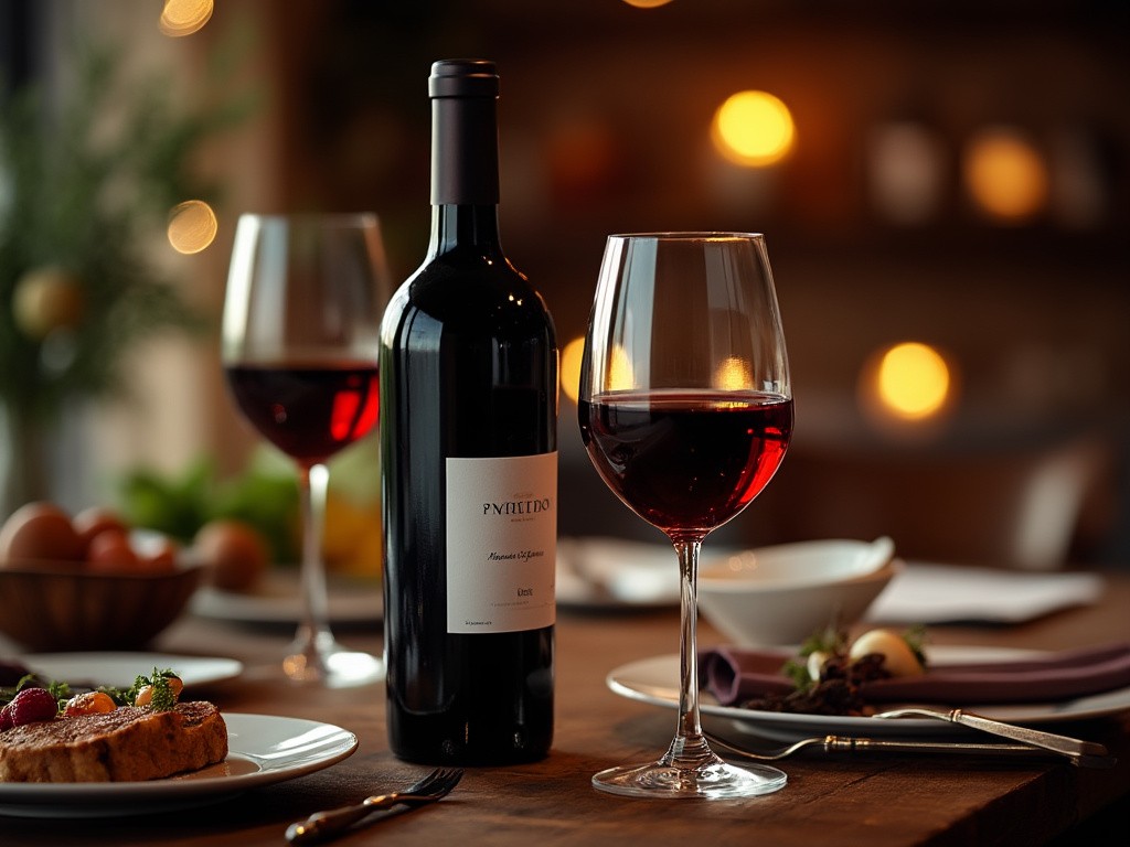 Elegant table setting with a bottle and glass of Pinot Noir, perfect for a refined wine-tasting evening.