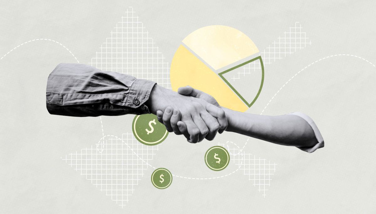 Stylized image of partnership handshake with charts and dollar icons, used to depict raising VC funding.