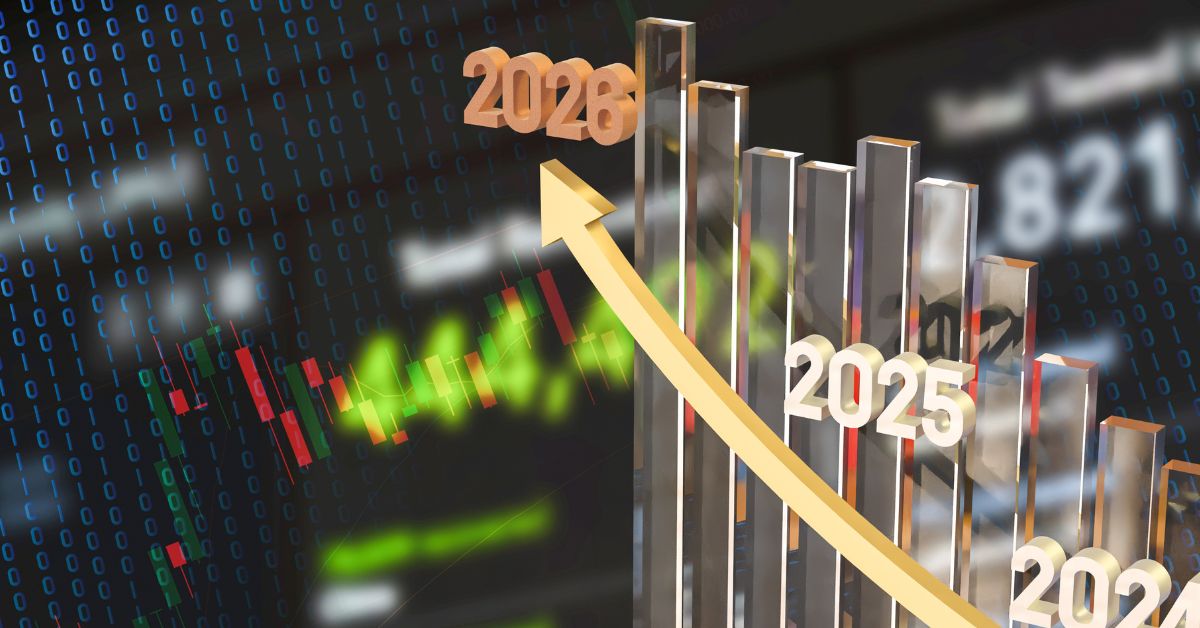 Titelbild: Aufwärtskurve und Balkendiagramm bis 2026 – Paid-Media-Trends zu AI, Sichtbarkeit und E-Commerce-Strategien