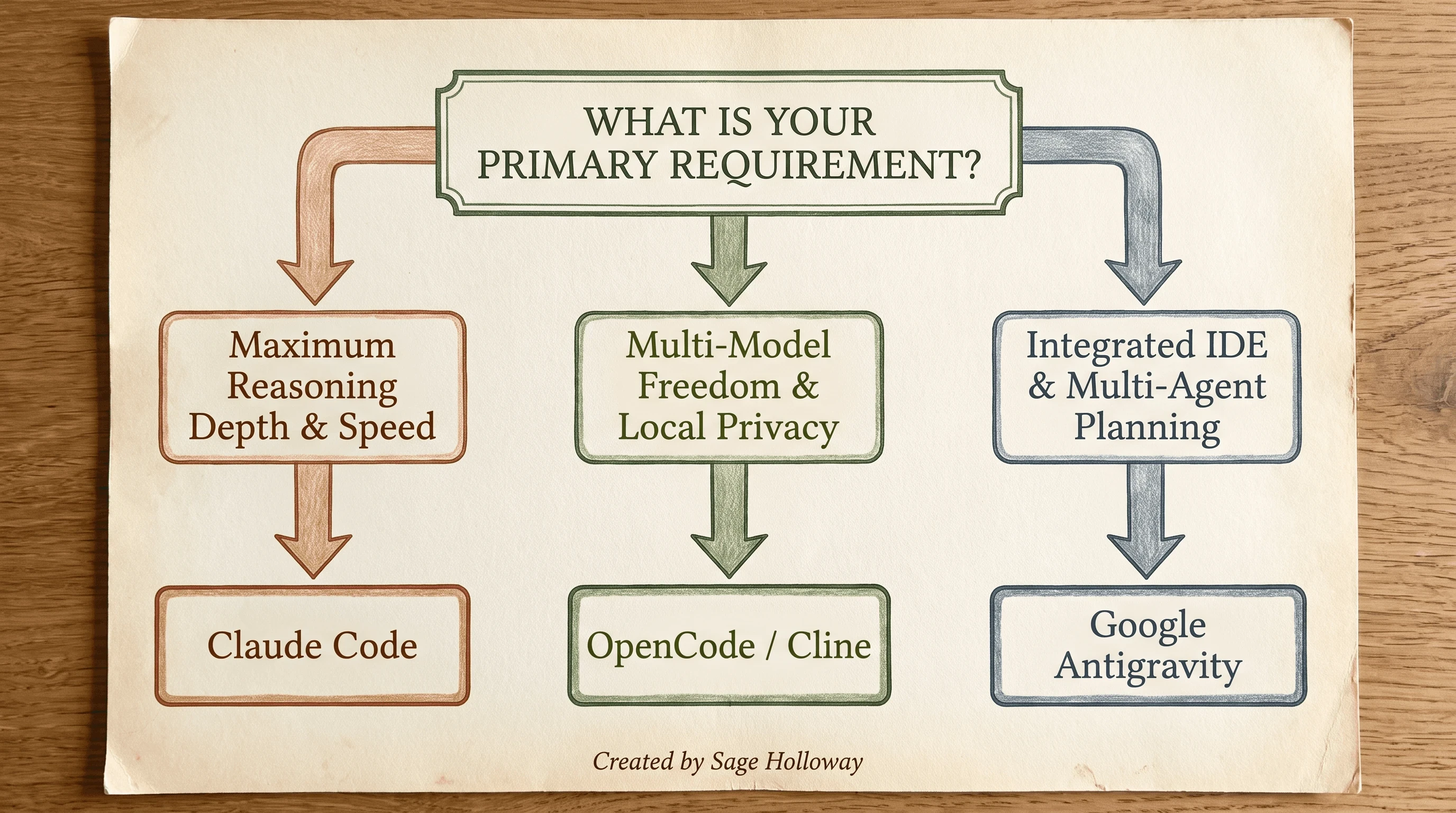 Decision flowchart for selecting between Claude Code, OpenCode, Antigravity, and Cline