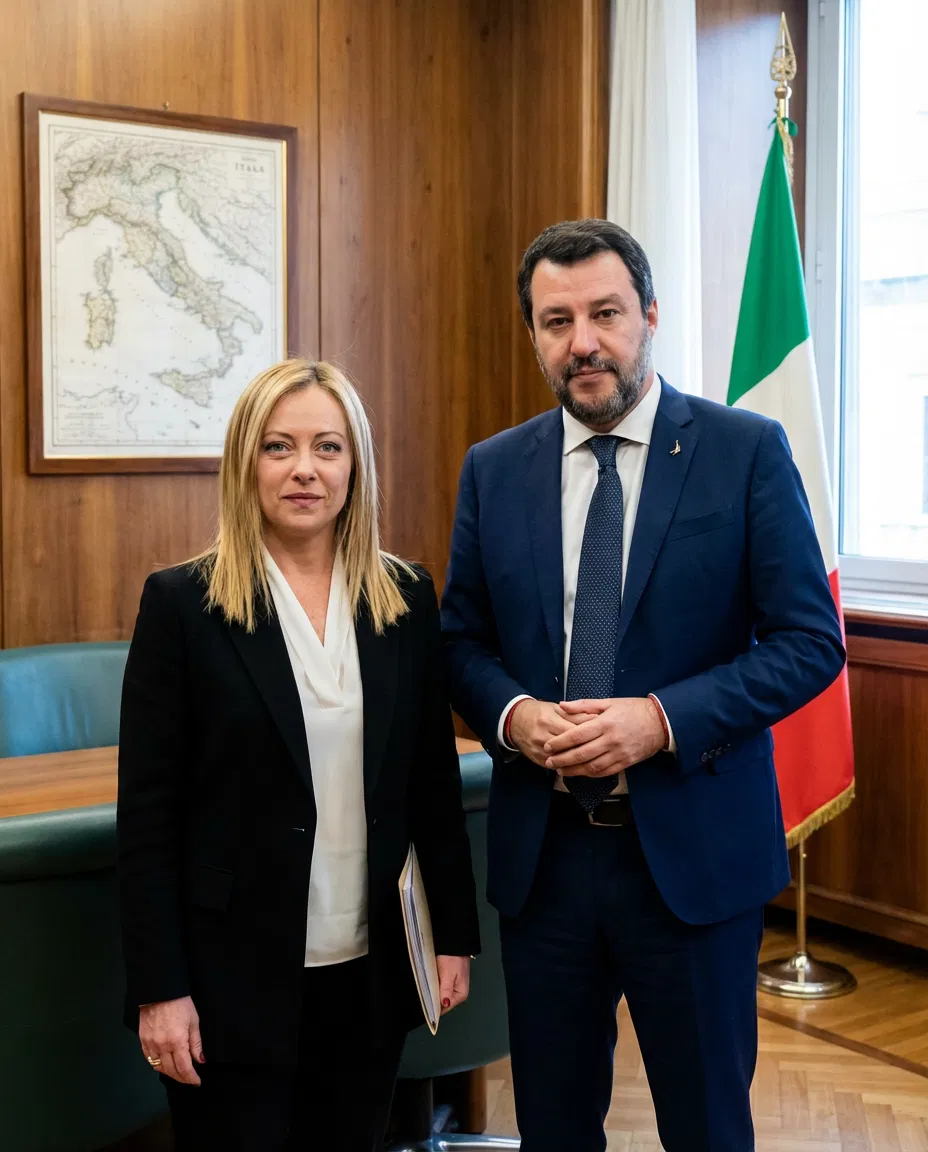 Giorgia Meloni and Matteo Salvini in a neutral political setting with an Italian flag in the background.