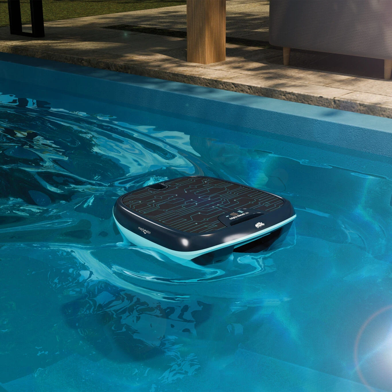 A Maytronics Skimmi robot in a pool cleaning floating leaves