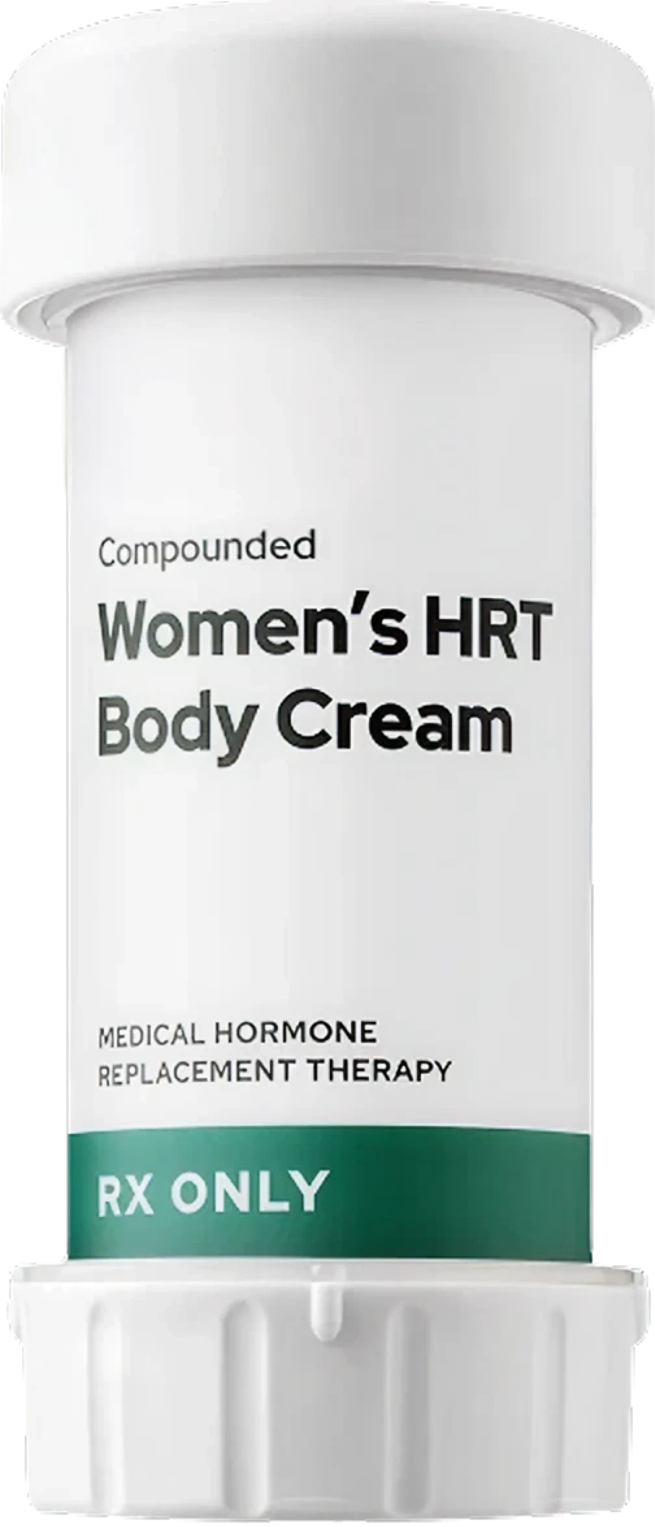 White container for Henry's Compounded Women's HRT Body Cream. Medical Hormone Replacement Therapy. Rx Only.