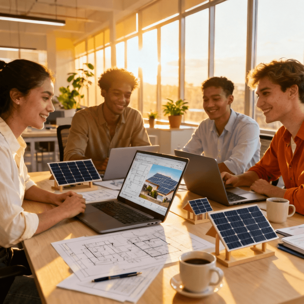 équipe commune solarock et franchisés autour d'un projet de panneaux solaires