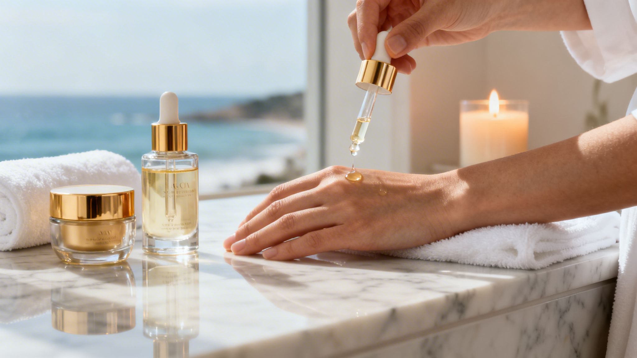 A photo with a woman applying oil to her hand with other products in the foreground