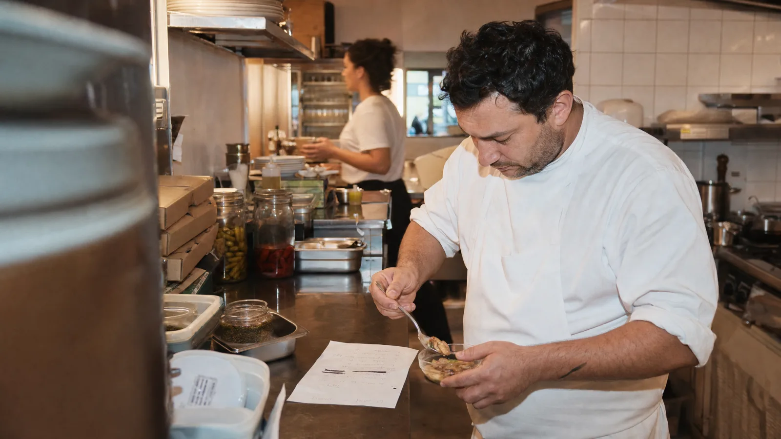 Chef porziona un piatto in una vaschetta da asporto accanto alla lista dei piatti selezionati