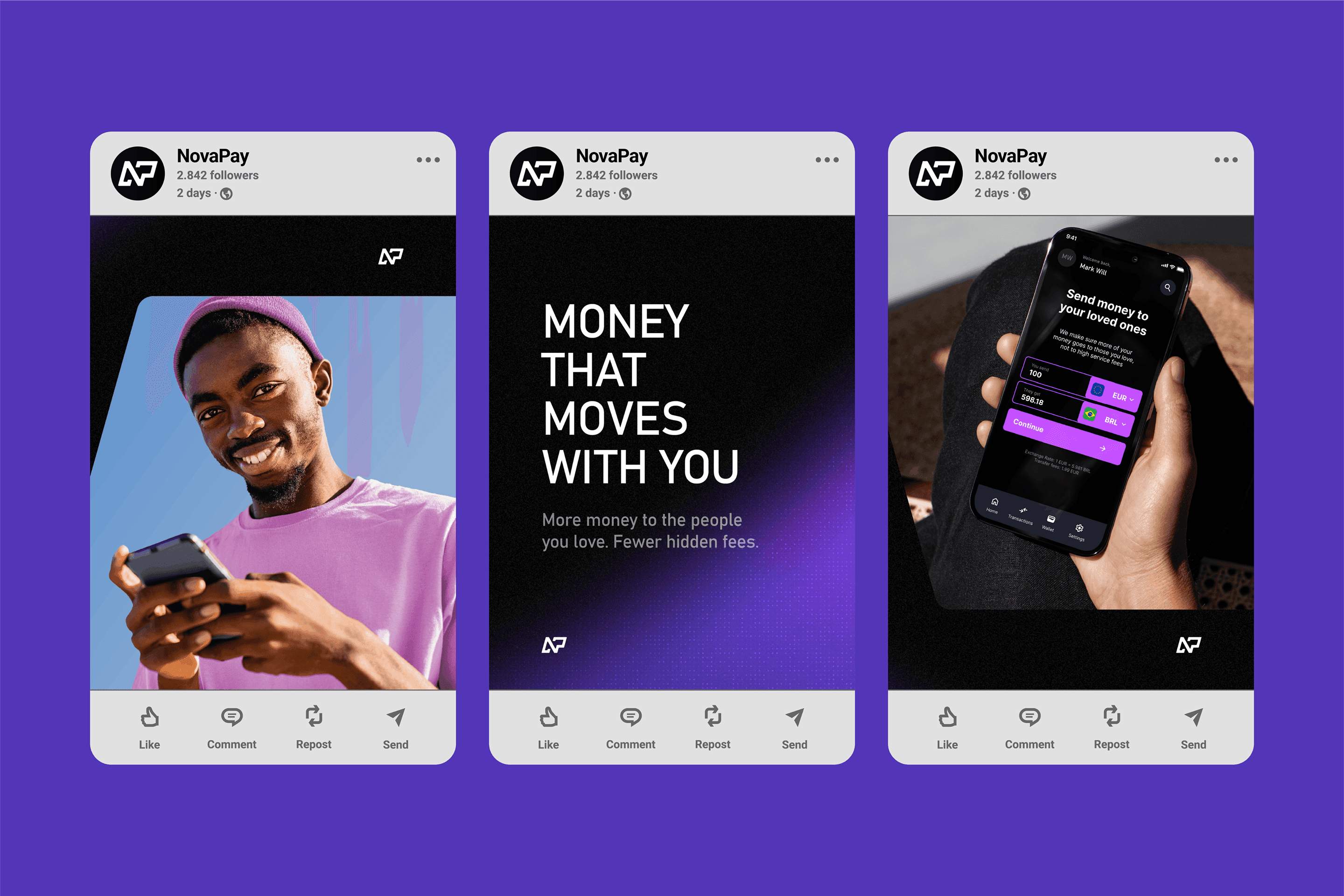 Trio of LinkedIn social media posts for NovaPay highlighting brand messaging, mobile UI preview, and lifestyle photography.