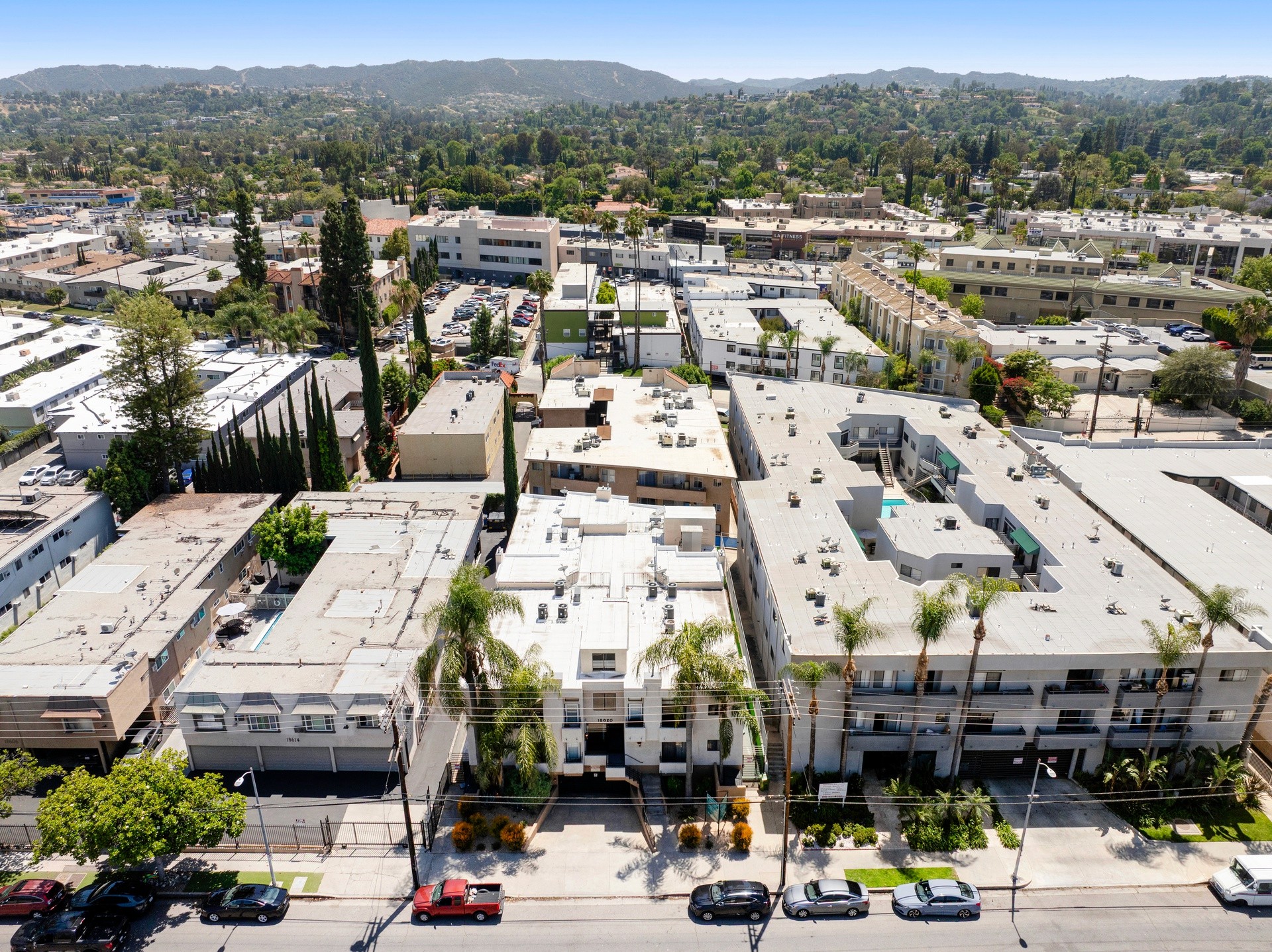 Aerial view of 18620 burbank blvd multifamily property and surrounding neighborhood.