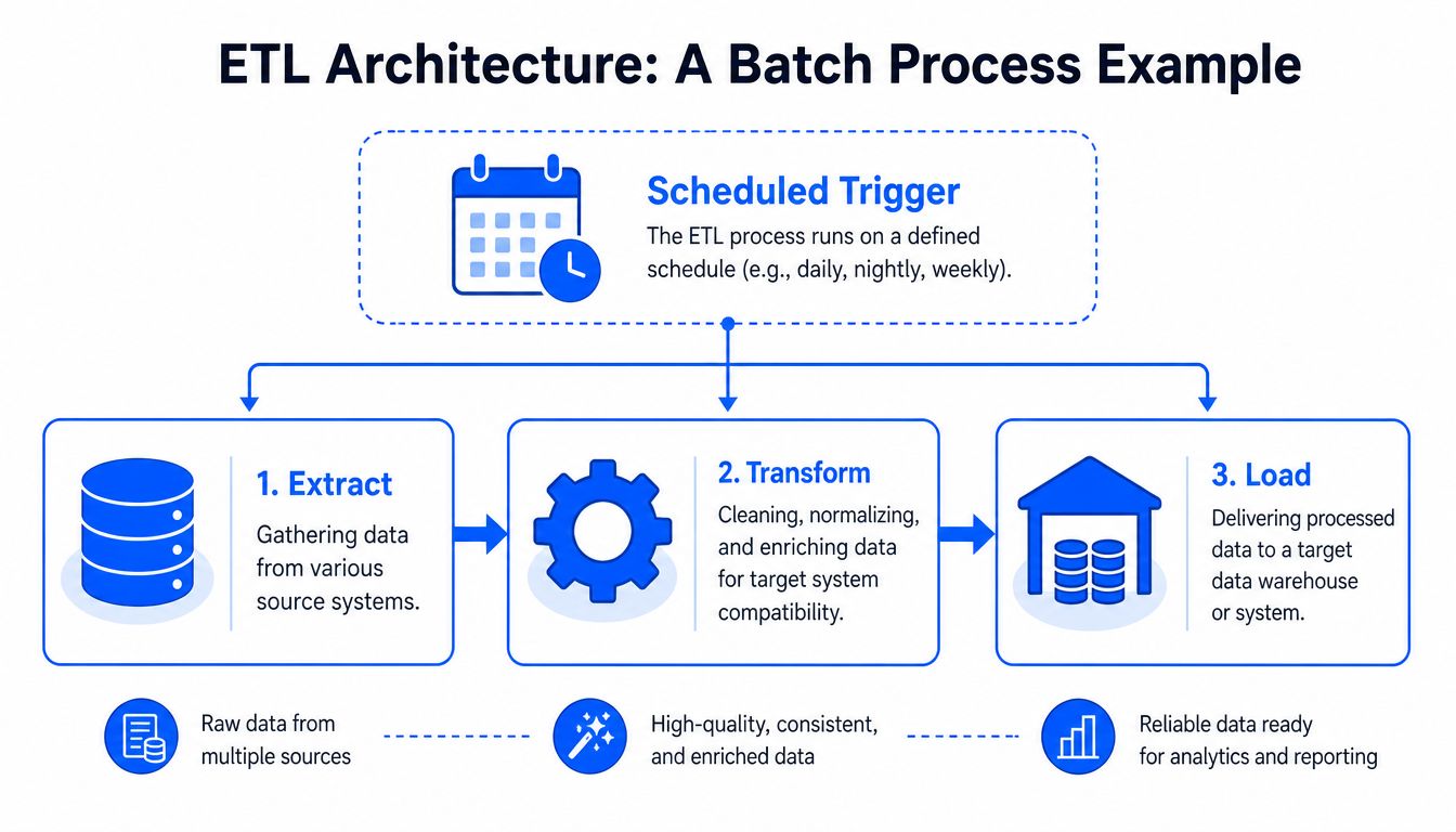 A diagram illustrating an ETL batch process architecture showing extraction, transformation, and loading stages with scheduled triggers.