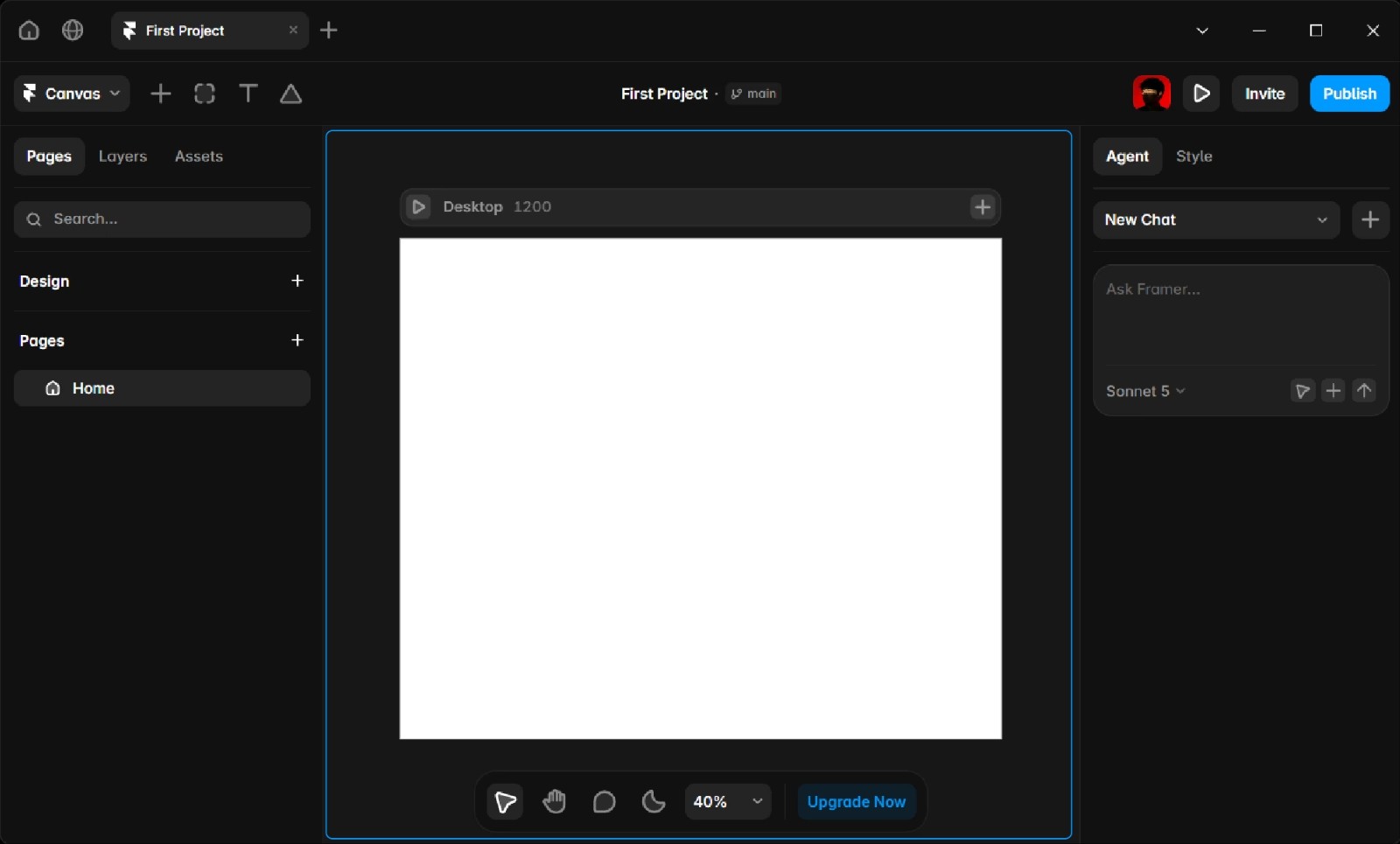 Framer interface with a blue frame highlighting the central canvas area, where the visual web layout is created and designed.