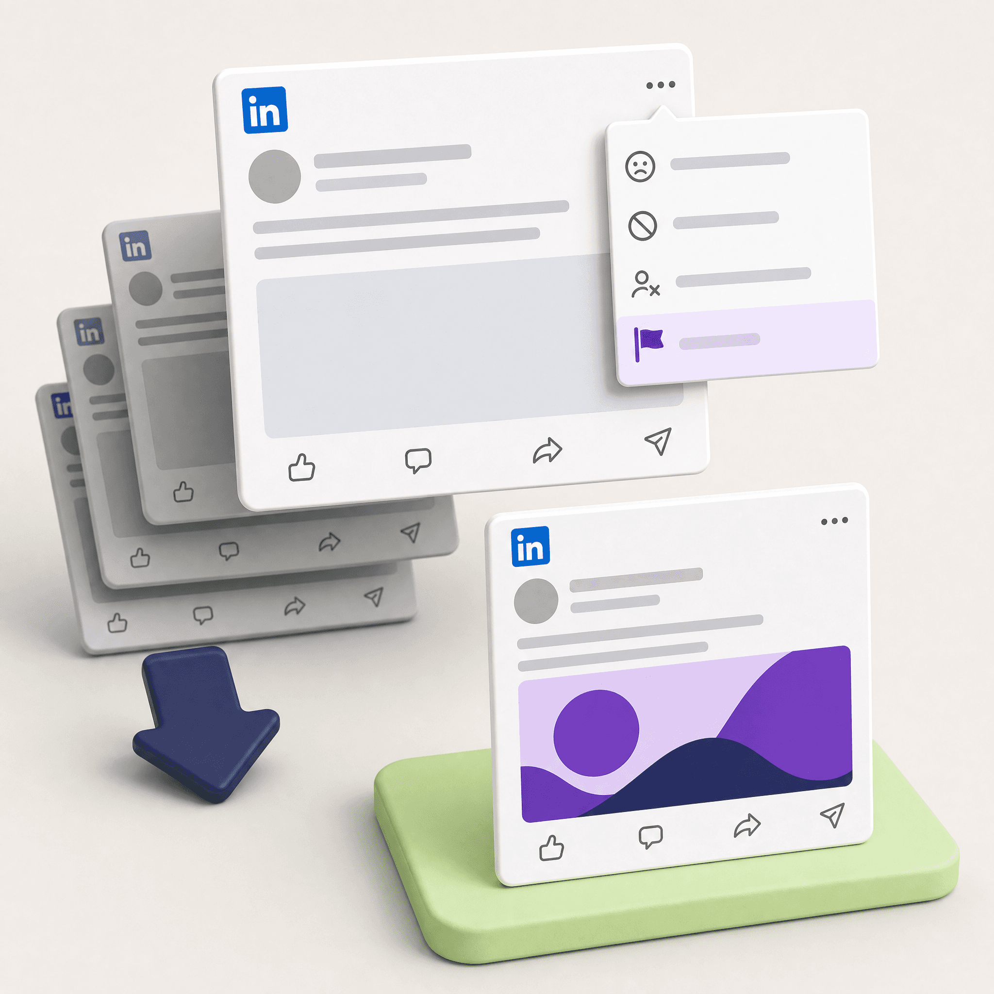 A LinkedIn post with its three-dot menu open and the report row highlighted in purple, a stack of identical grey posts dropping with a navy arrow, and one human post standing on a green base