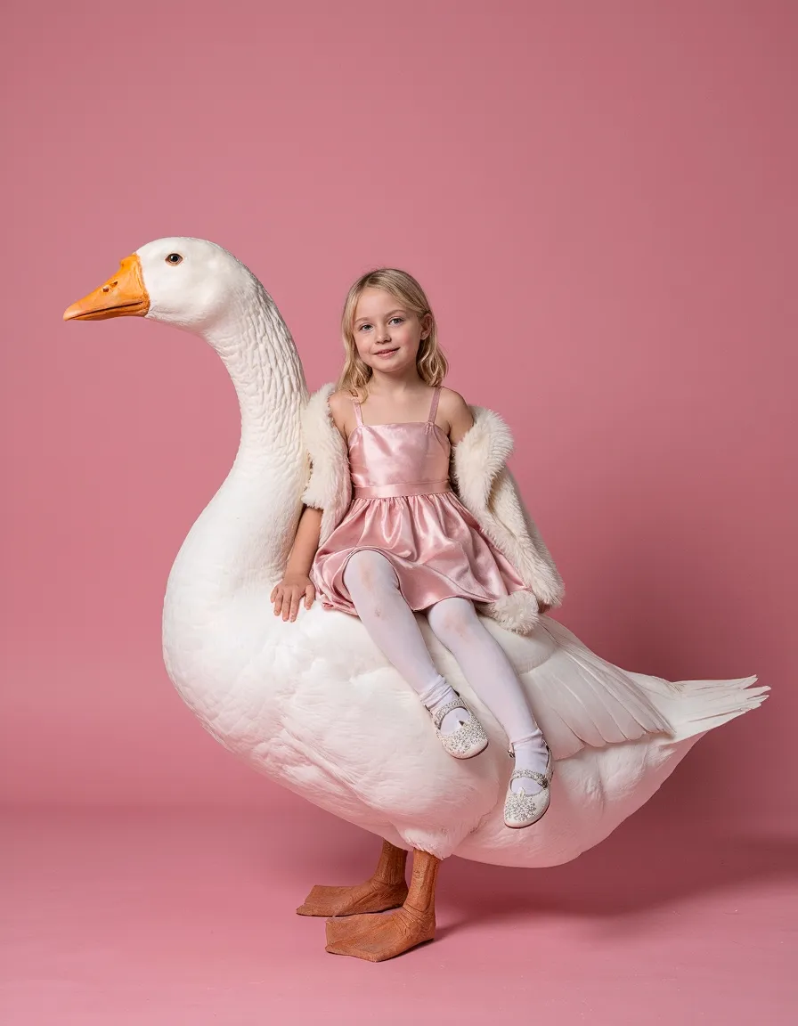 Young girl in pink dress sitting on oversized white goose against pink background - whimsical portrait photography