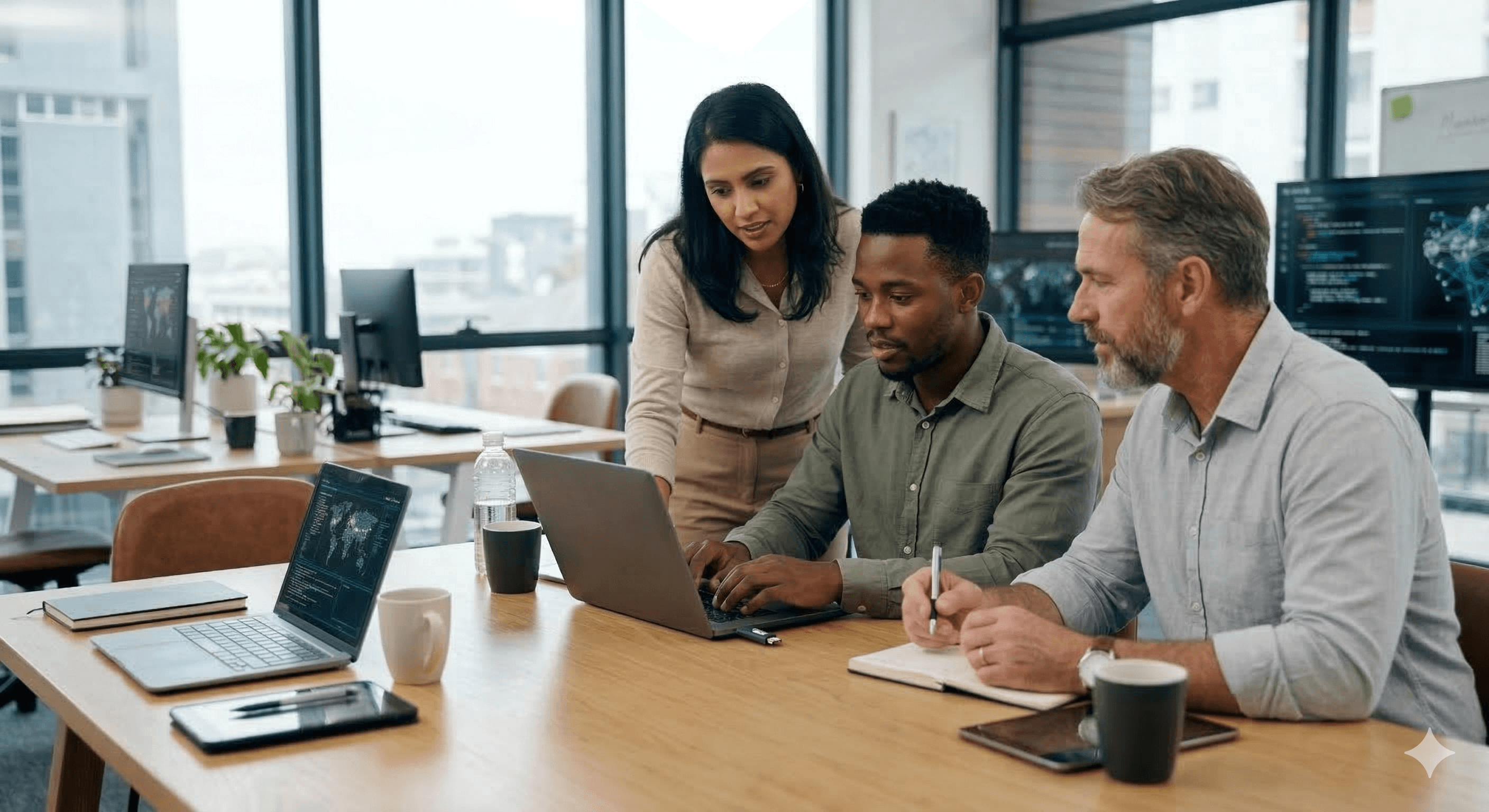 Three professionals engage in a discussion around a laptop in a modern office setting, highlighting collaboration in trusted access for cyber defense.