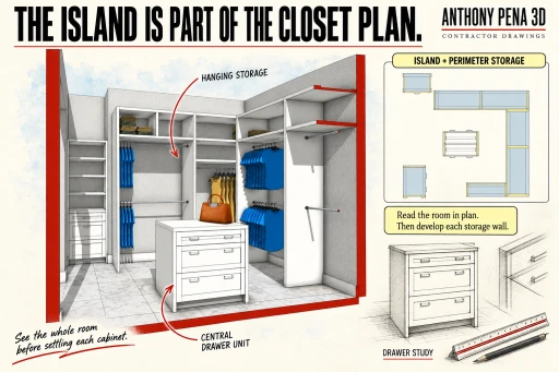 Closet cover with a central drawer island surrounded by hanging and shelf storage.