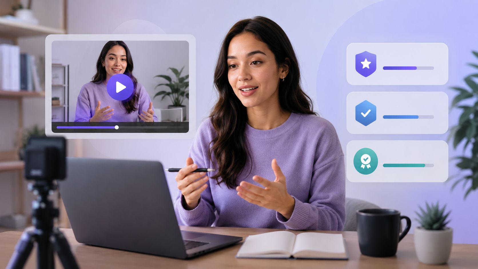 A female content creator recording a video with a laptop and digital award icons overlaid on screen.