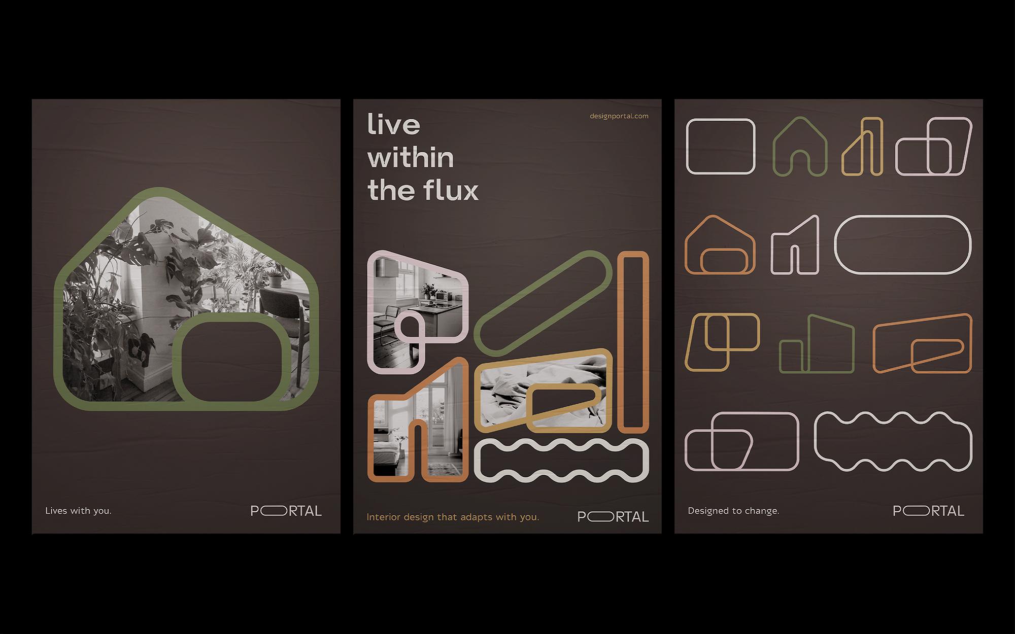 three black posters with color shapes and photography