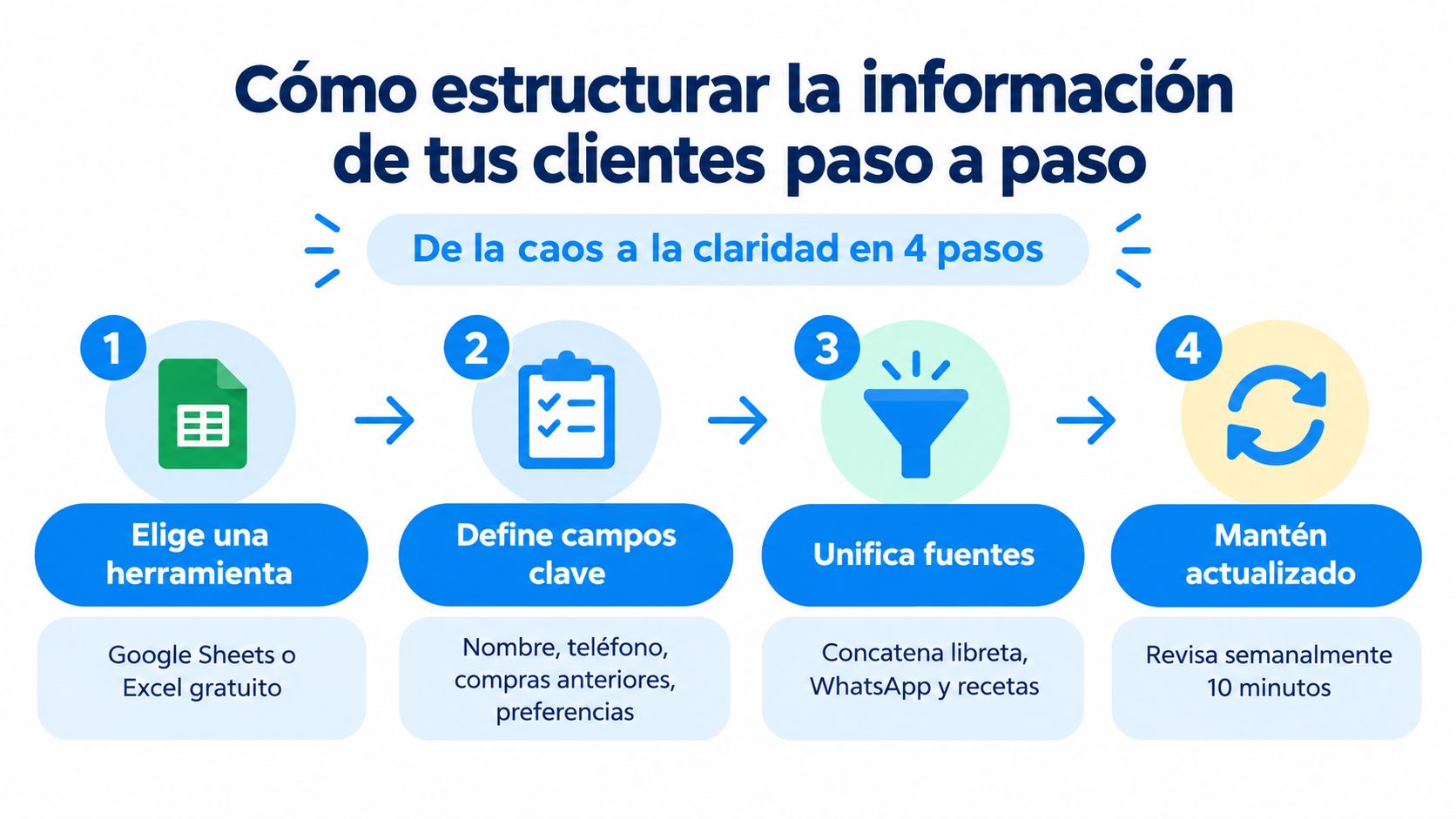 Infografía paso a paso sobre cómo estructurar la información de clientes para negocios pequeños con claridad.