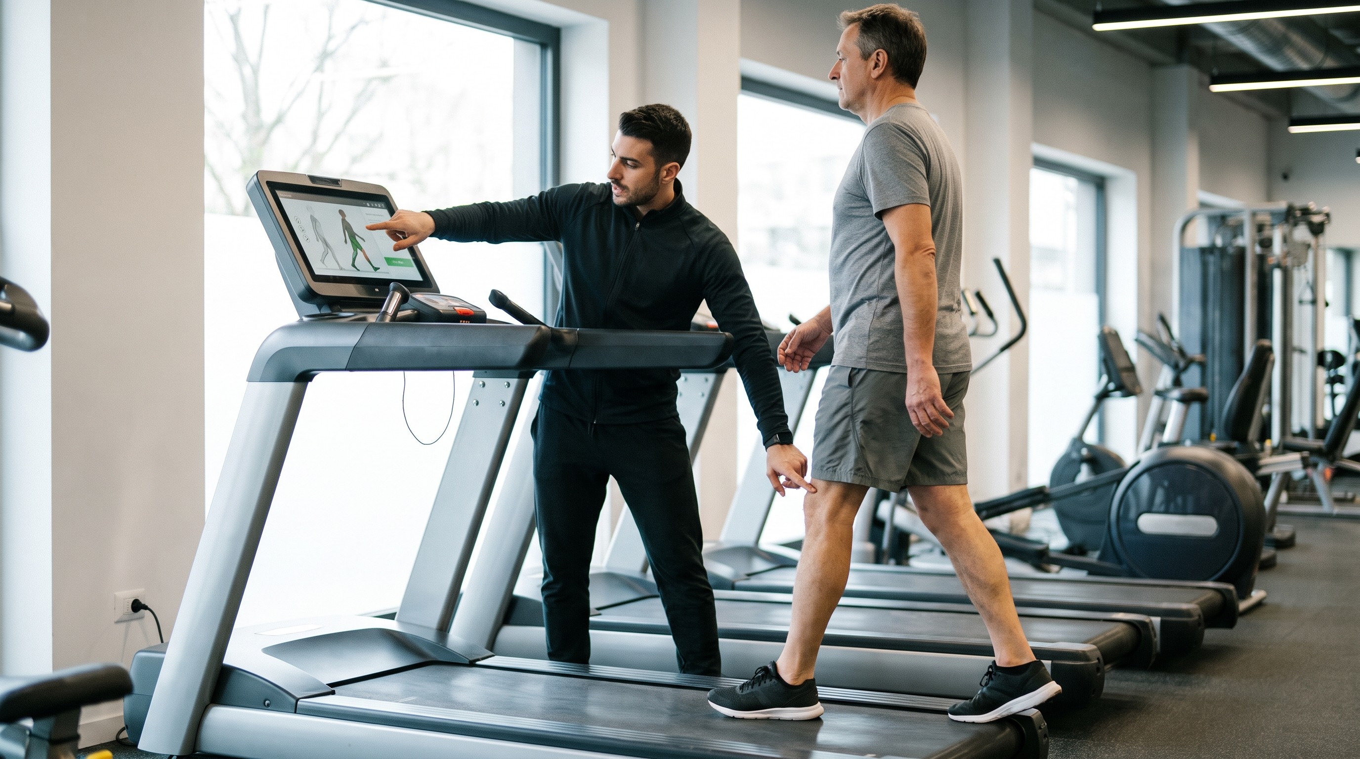 Istruttore Walking AIF analizza il ciclo del passo di un cliente in palestra