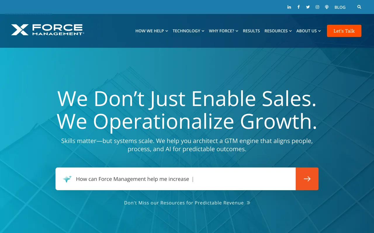 Force Management homepage, Command of the Message and MEDDICC revenue growth methodology