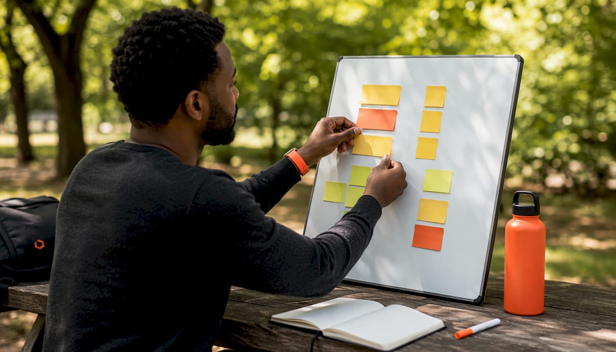 Hands organizing sticky notes for mobile wireframe