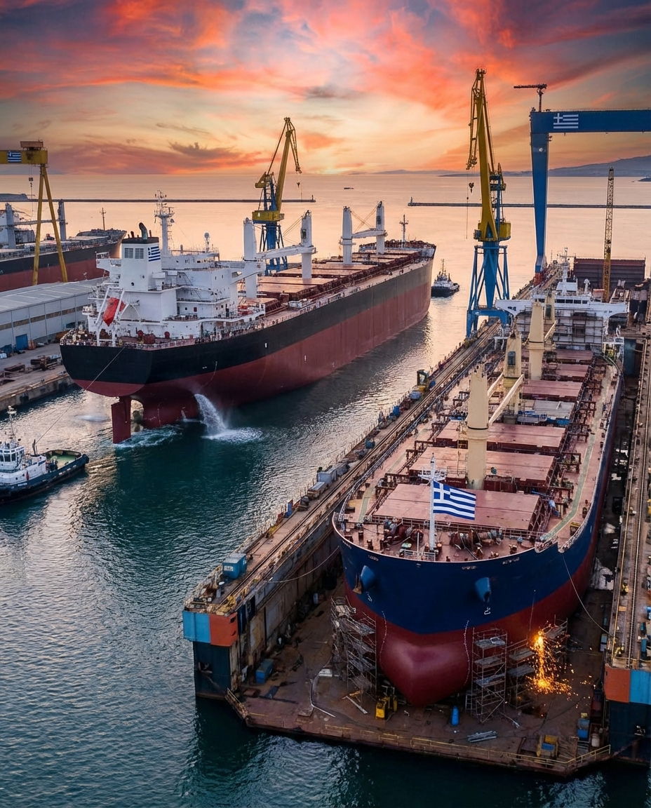 Modern bulk carriers under construction or departing a shipyard.