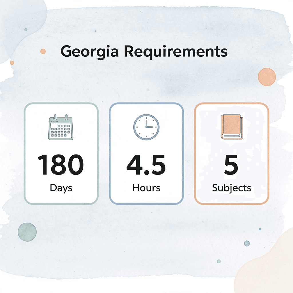 Infographic showing Georgia homeschool requirements: 180 days, 4.5 hours, 5 subjects