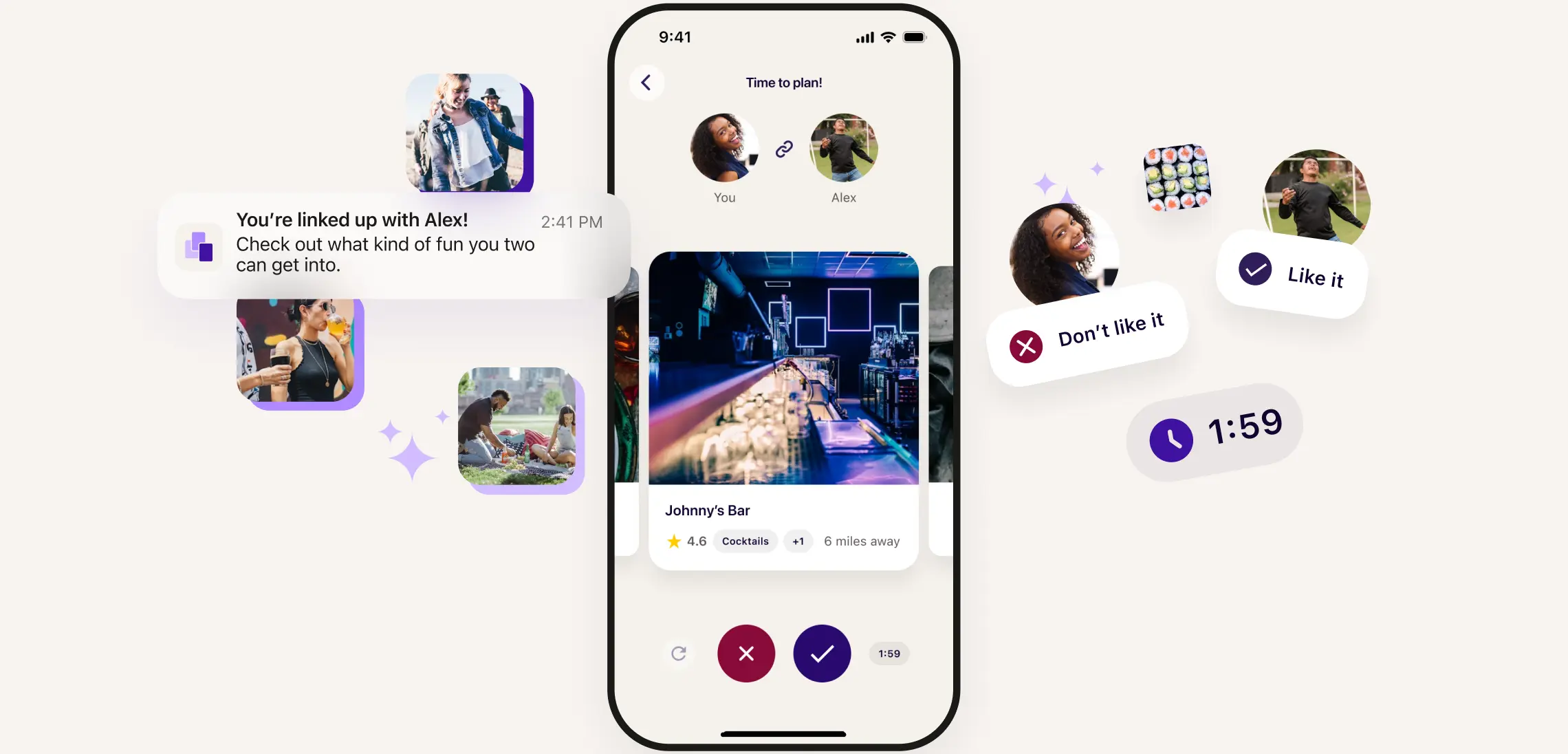 HangUp app interface showing friend connections, activity suggestions, and social features on a smartphone