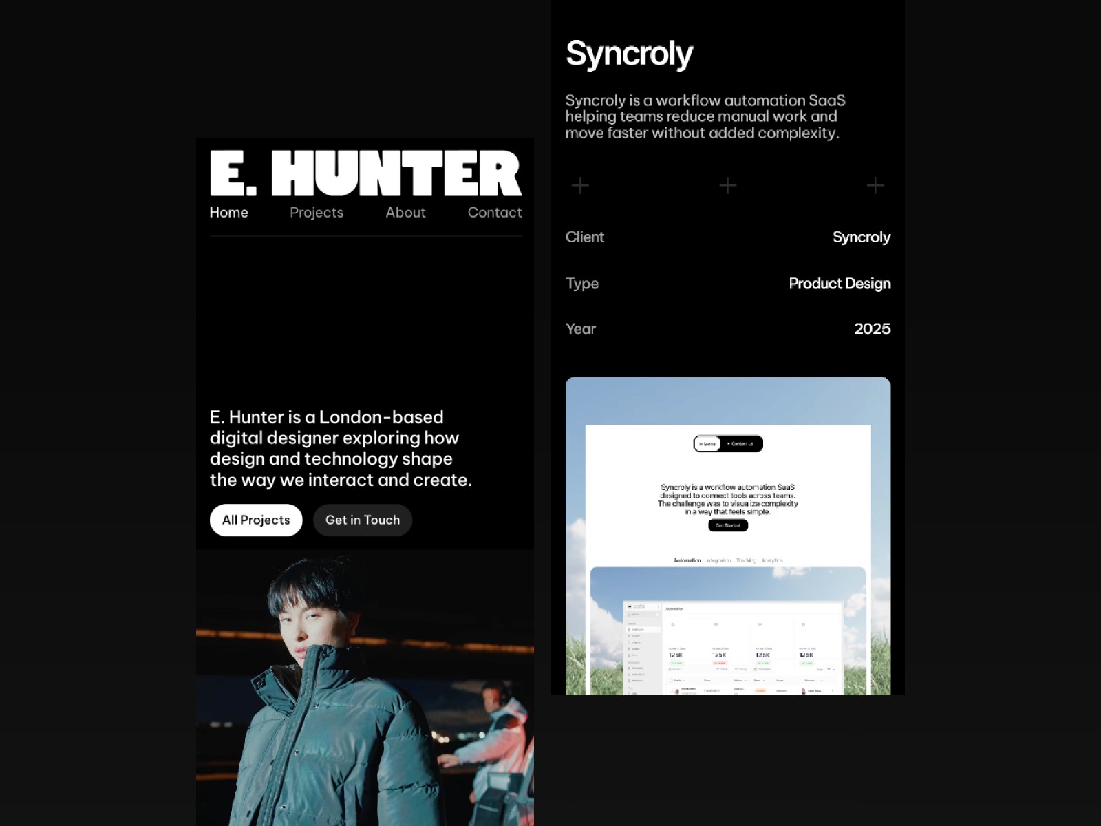 E.Hunter — 高级暗黑黑白极简作品集网站设计灵感