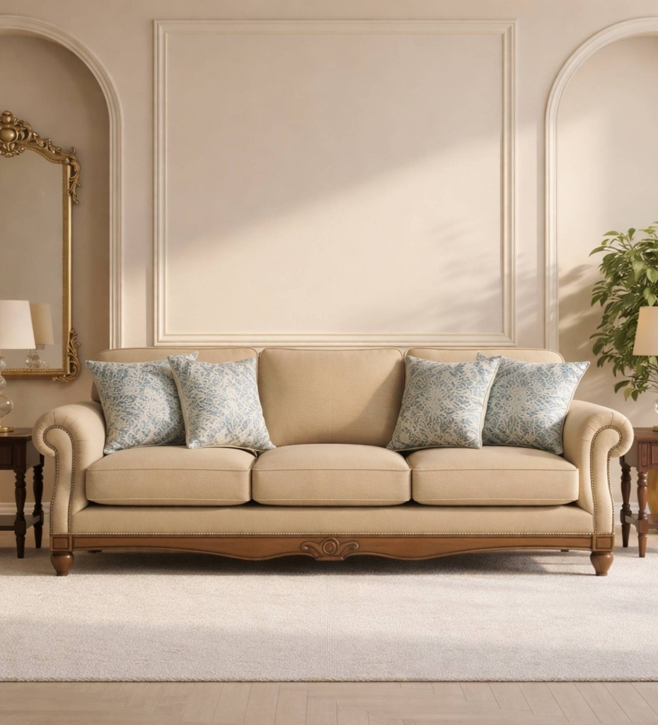 Luxury contemporary cane sofa with teal upholstery and wooden frame