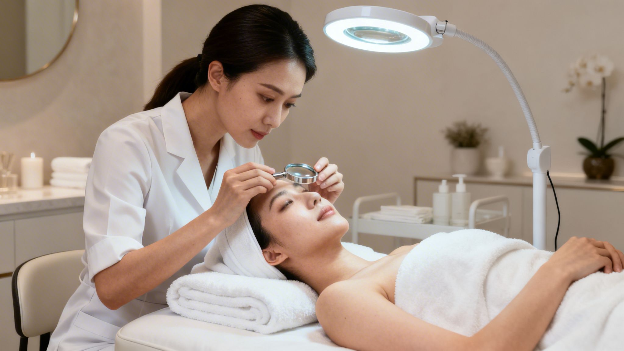 An esthetician in a white uniform examines a client's forehead with a magnifying glass.