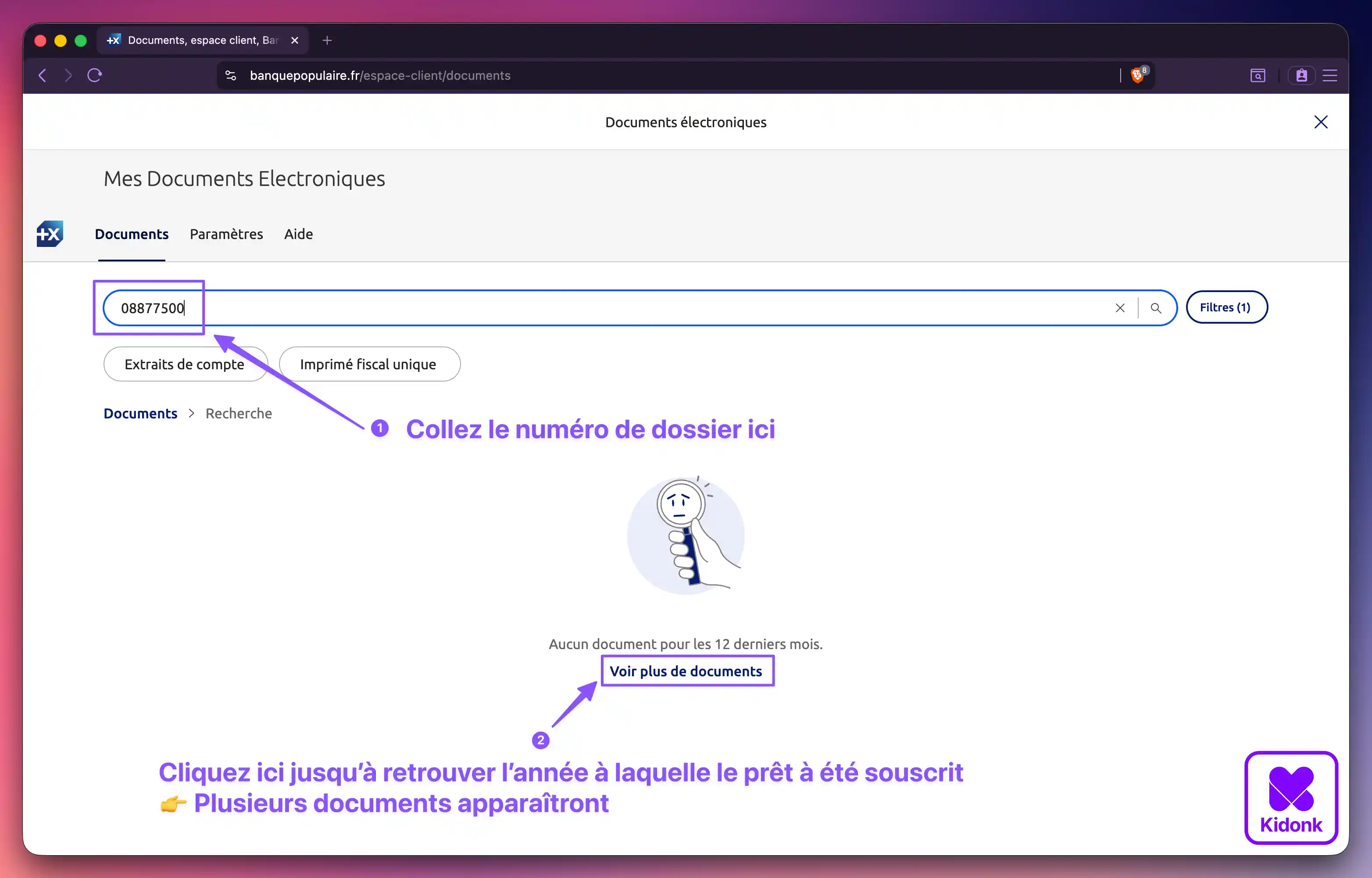Navigateur web affichant la fonction recherche dans la rubrique Documents de l'espace client Banque Populaire