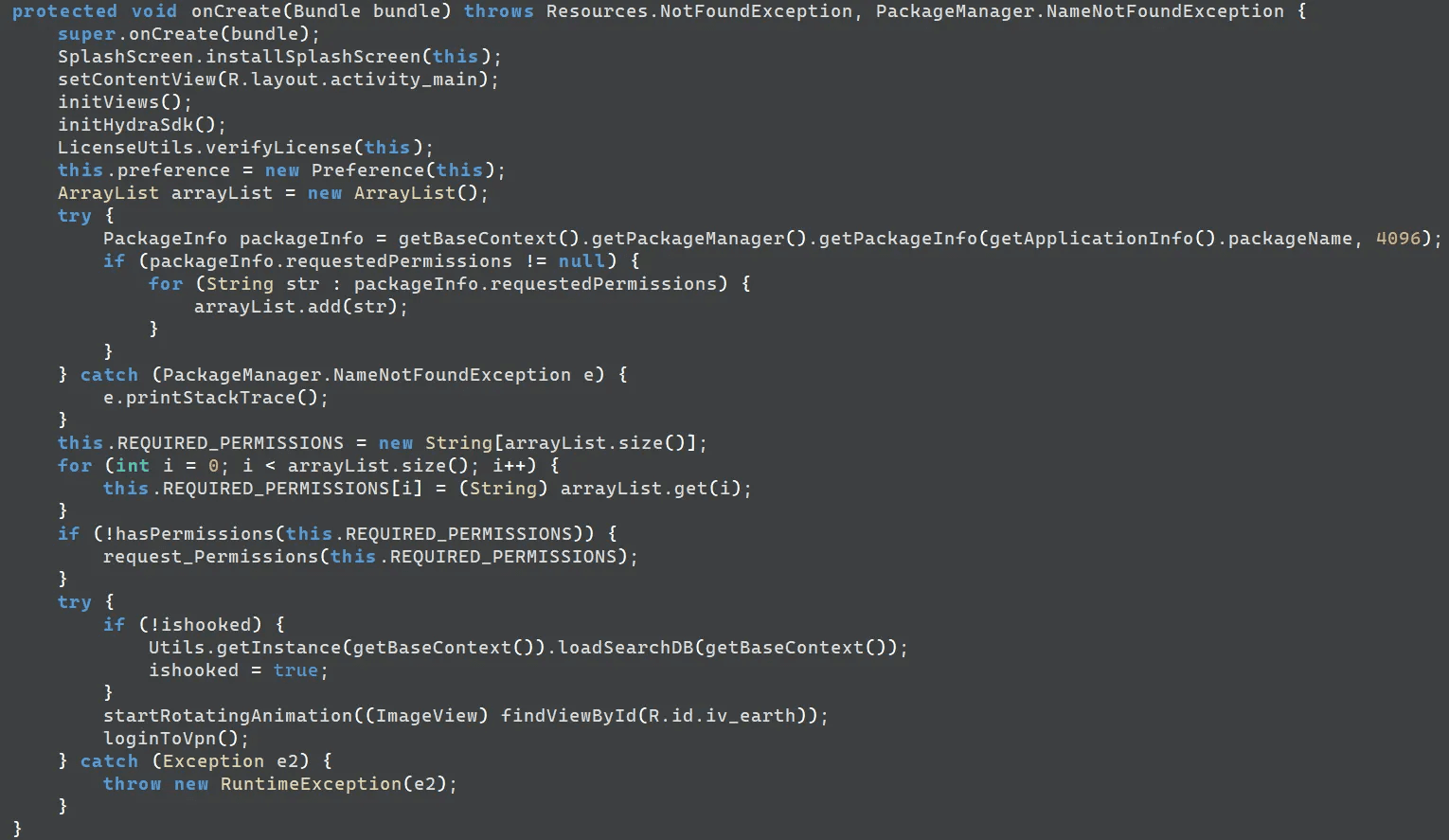 UIActivity.onCreate()&nbsp;method of the malicious app
