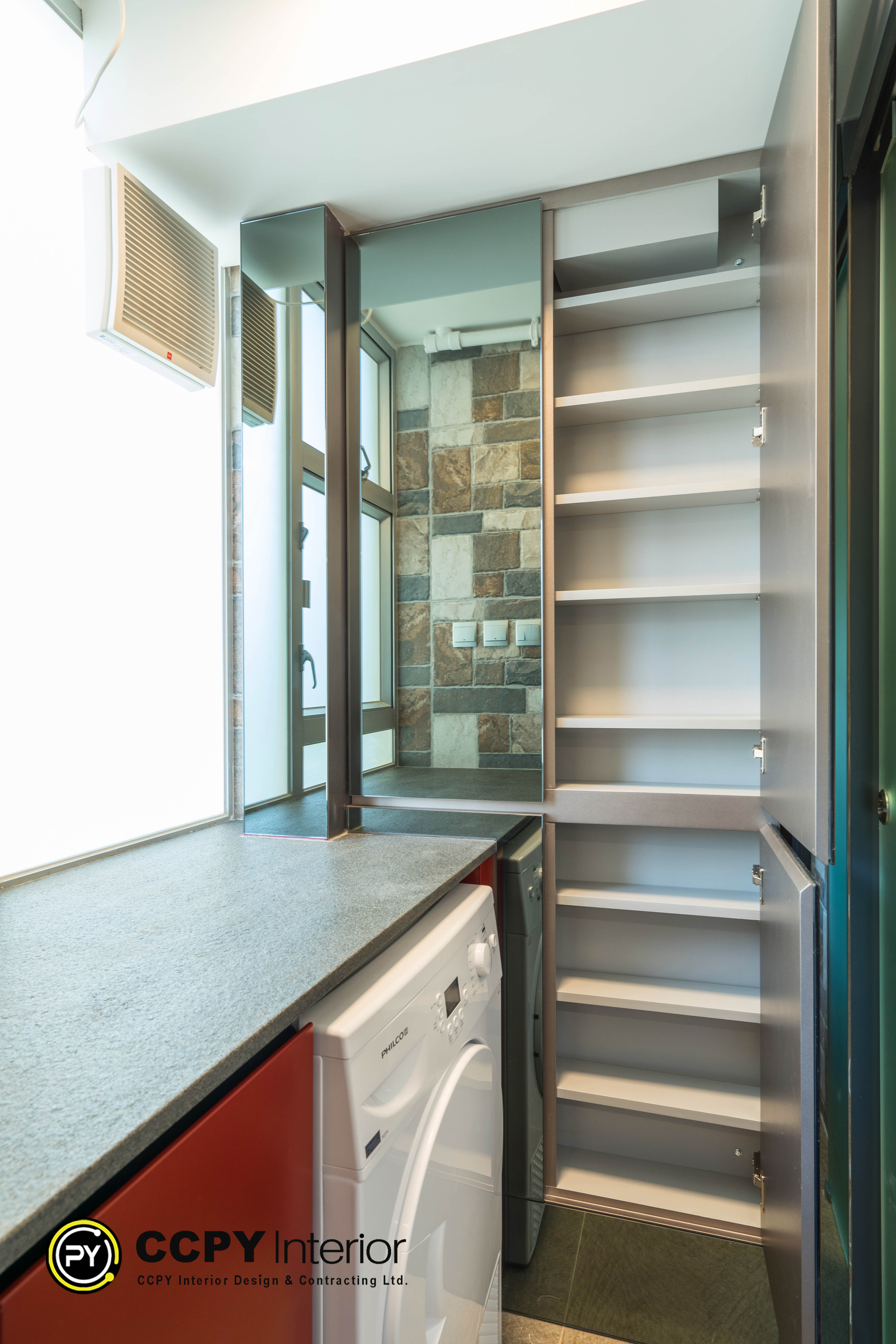 The highlighted area showcases a modern, multi-functional sliding mirror cabinet door integrated seamlessly with custom interior cabinetry.Key FeaturesHidden Storage: The tracks allow a full-length mirrored panel to slide aside, revealing built-in shelves designed to maximize floor space.Bespoke Cabinetry: Features clean lines, minimalist white shelving, and metallic frame guides typical of smart luxury or high-fashion compact home layouts.Dual Purpose Design: Serves as a practical dressing mirror when closed while keeping stored household items completely out of sight.