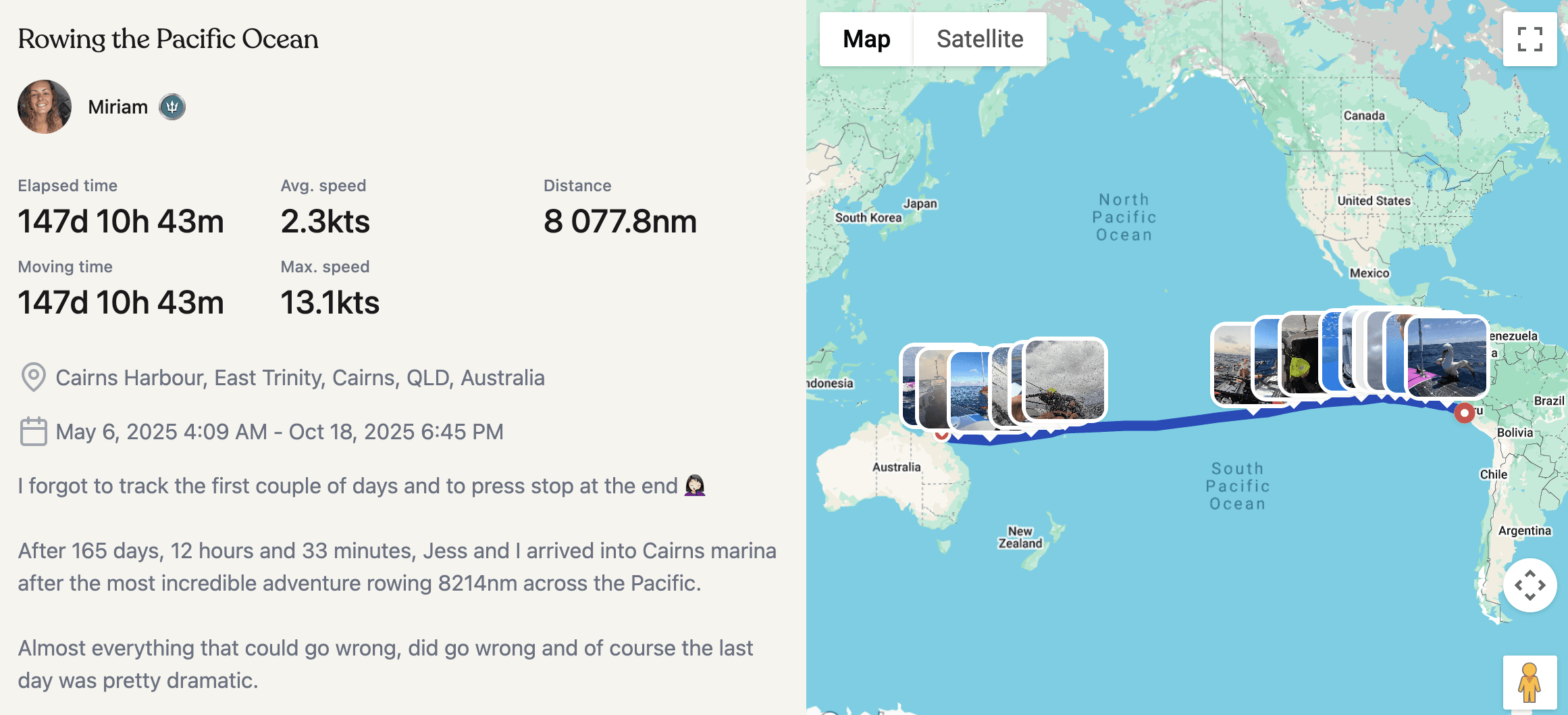 Miriam and Jess's journey tracked on SeaPeople